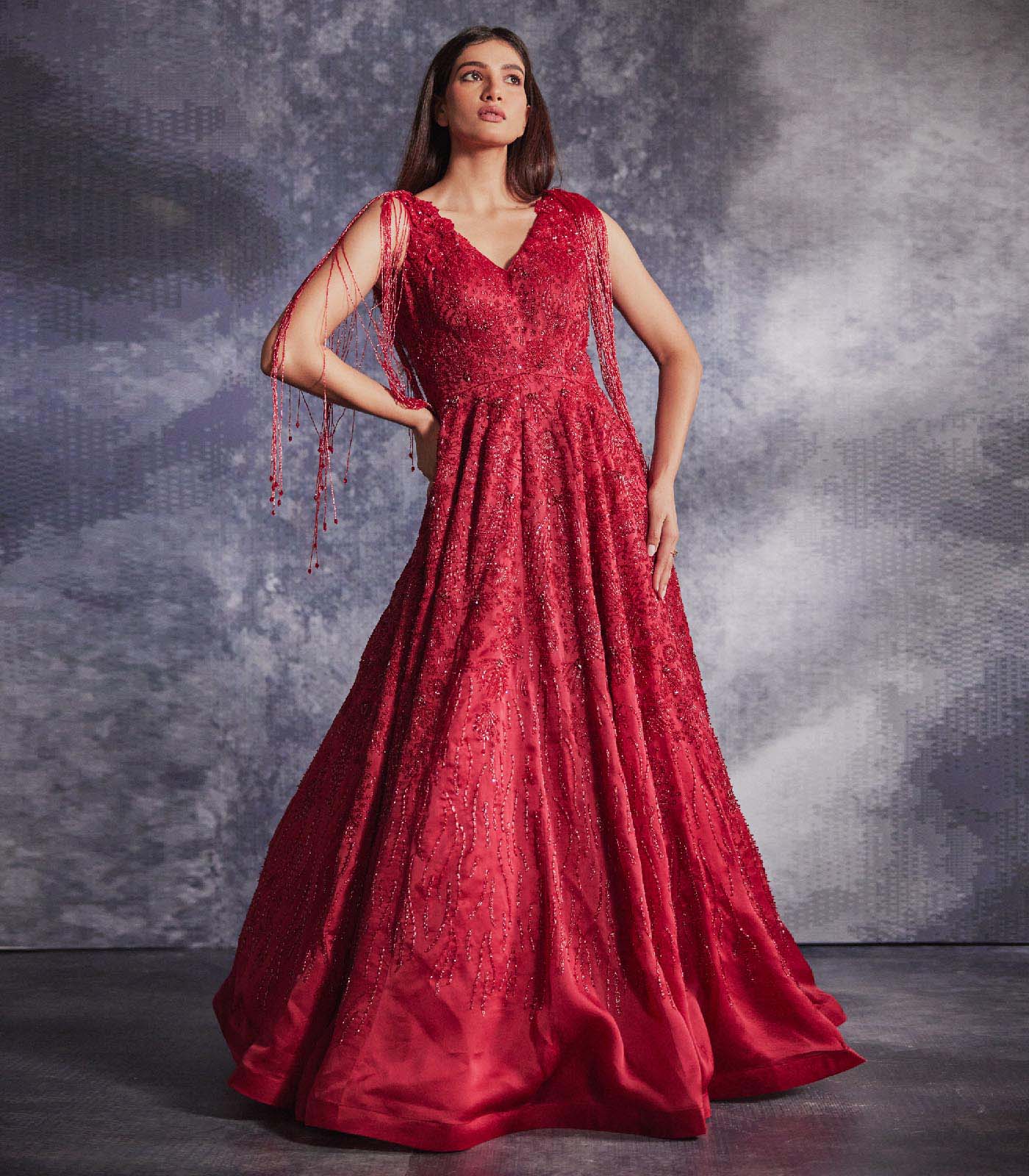 Scarlet red embroidered gown