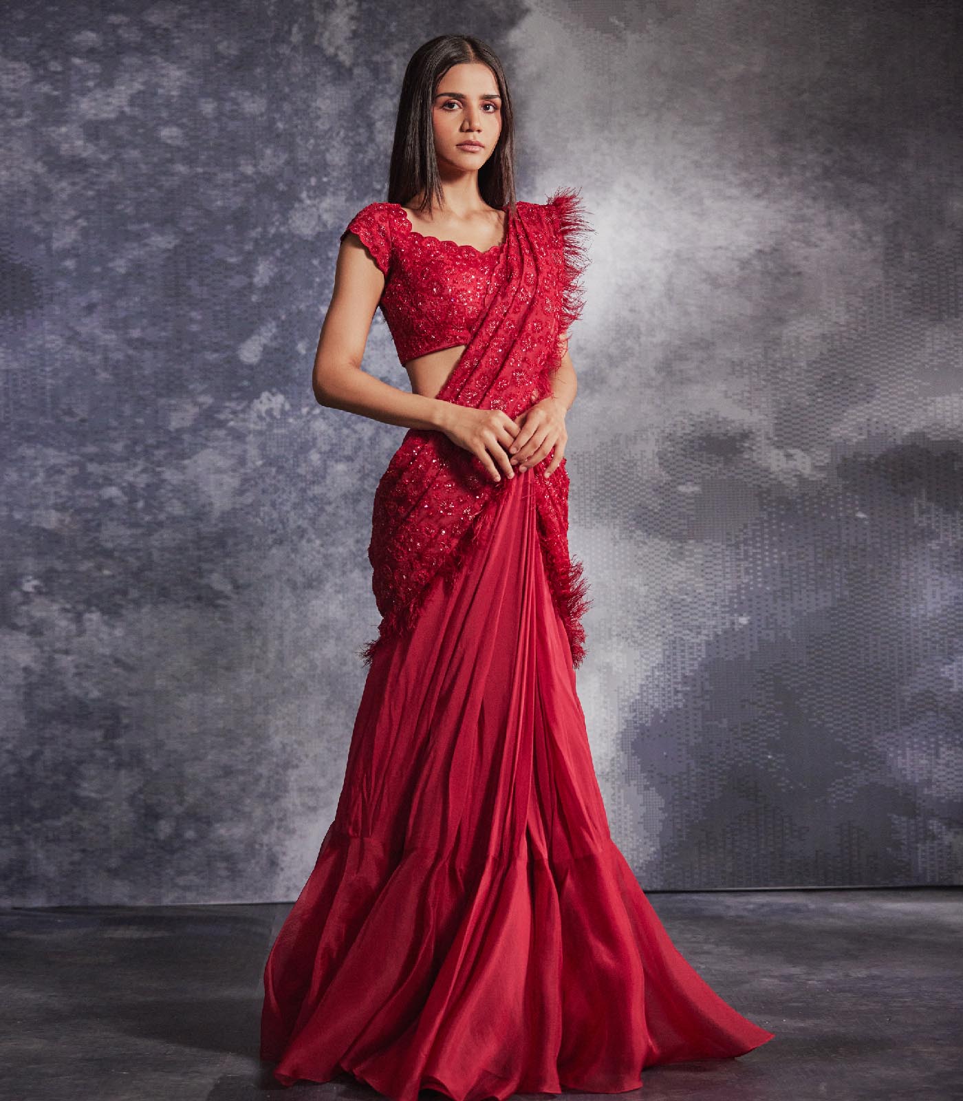 Scarlet red Ruffled Saree set