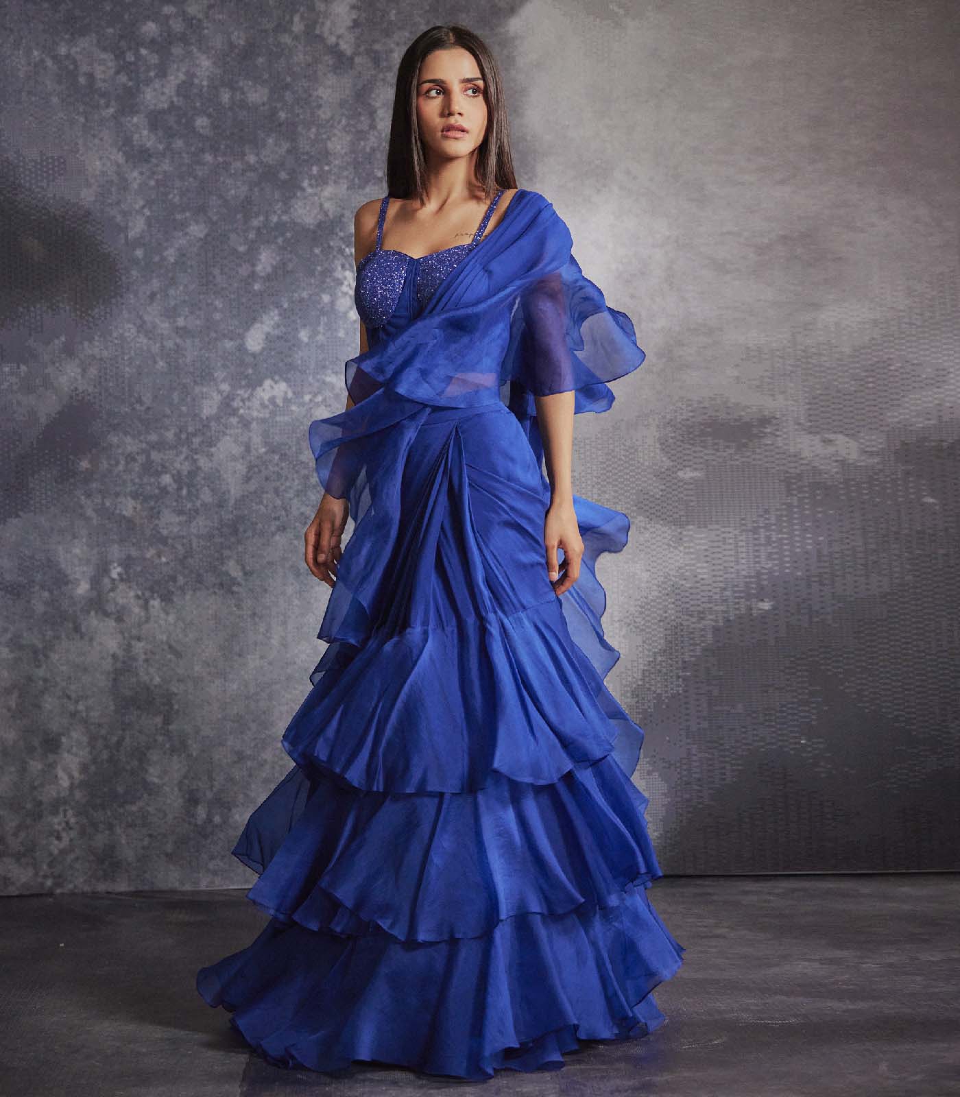 Azure Blue pre draped ruffled saree