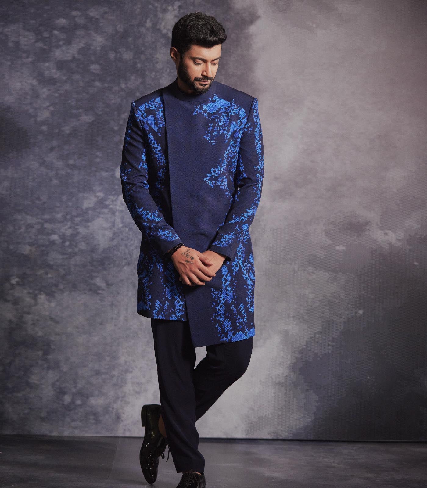 Prussian Blue printed Sherwani set