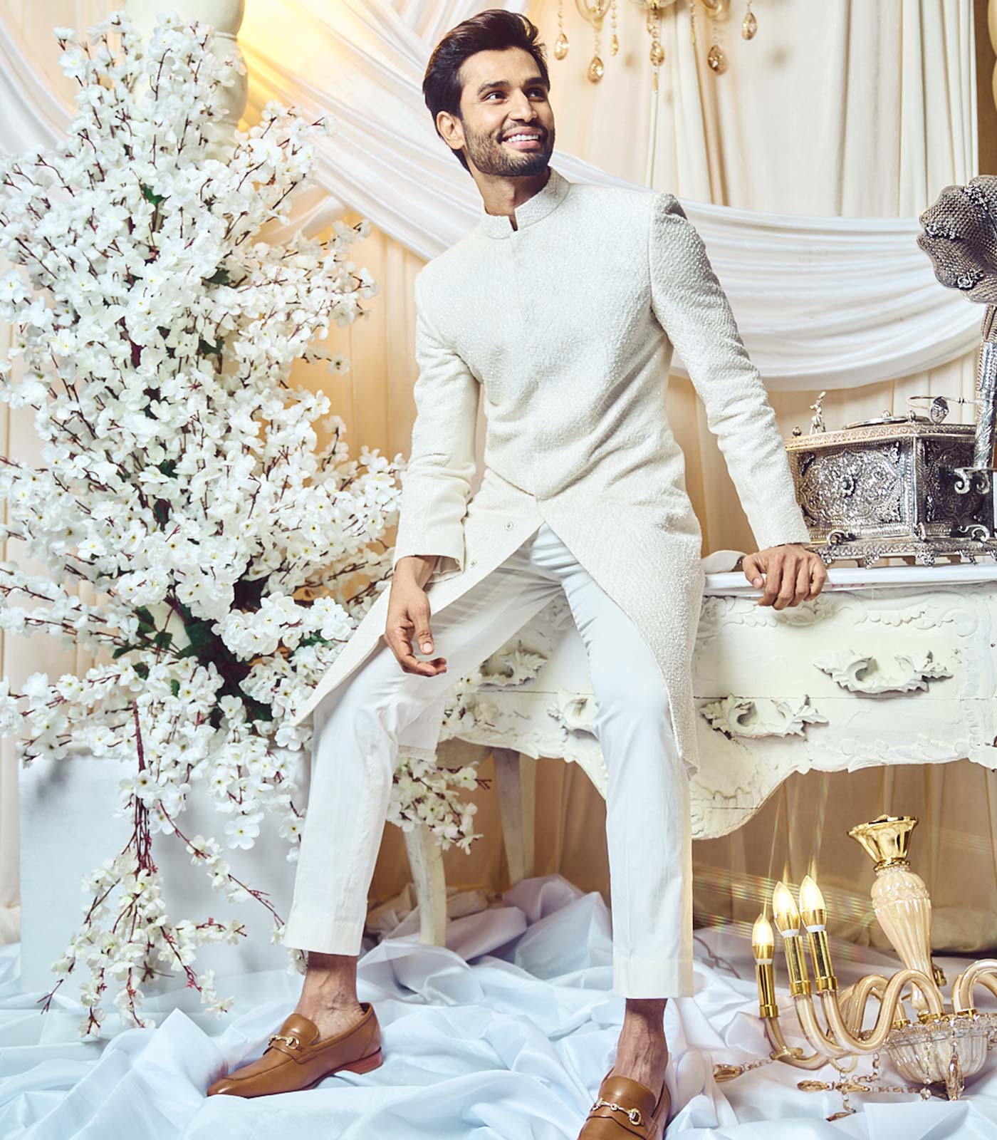 Seashell white embroidered sherwani set