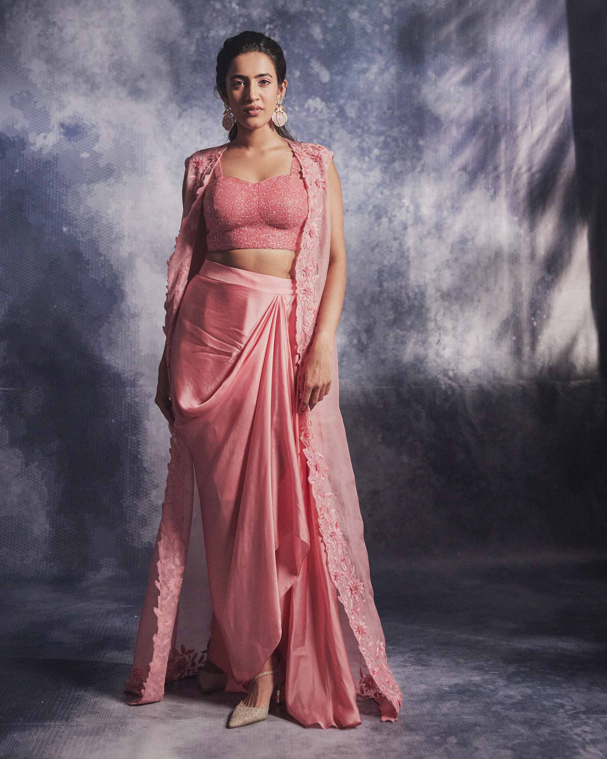 Rouge Pink Draped Skirt- cape Set