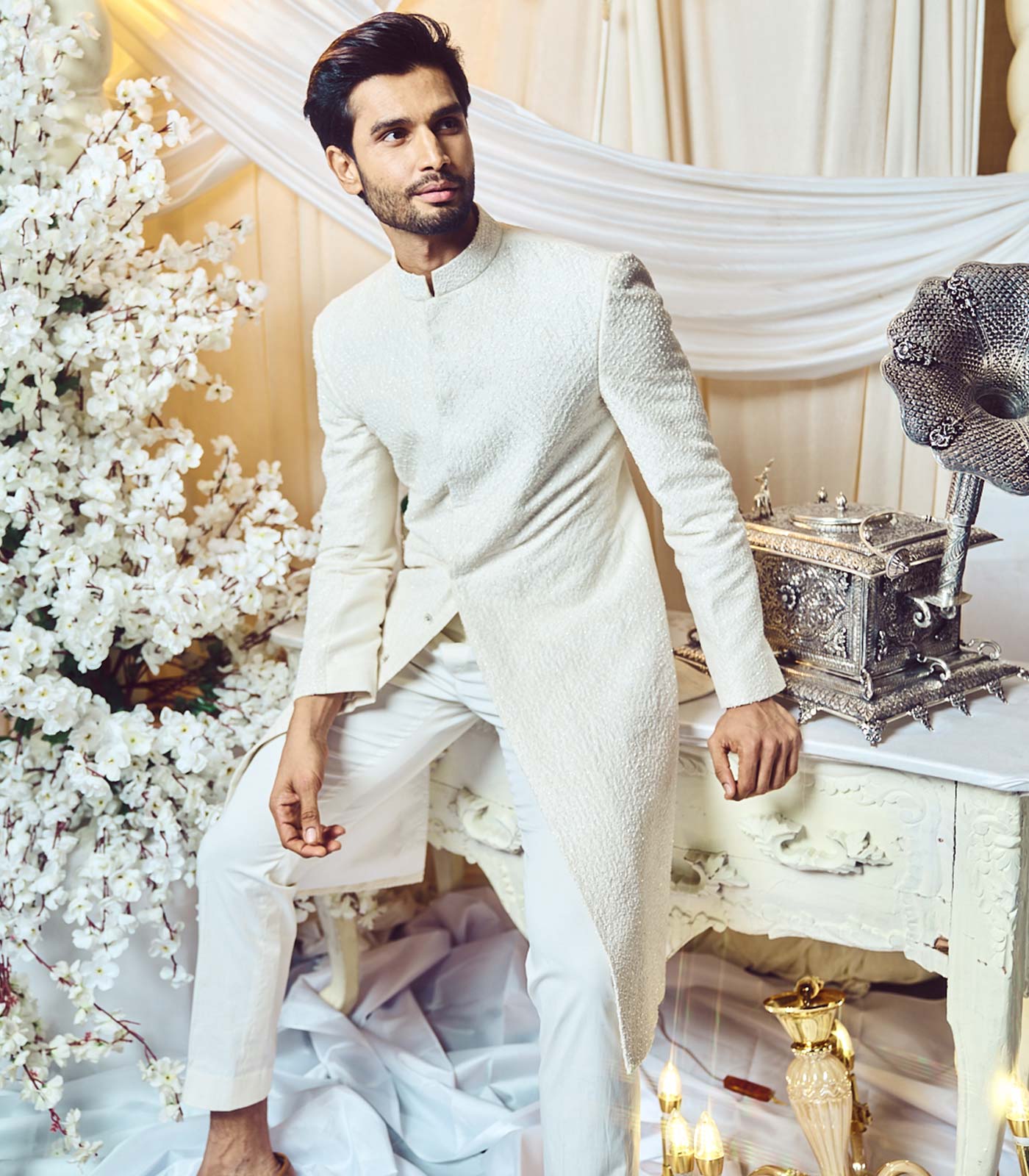Seashell white embroidered sherwani set