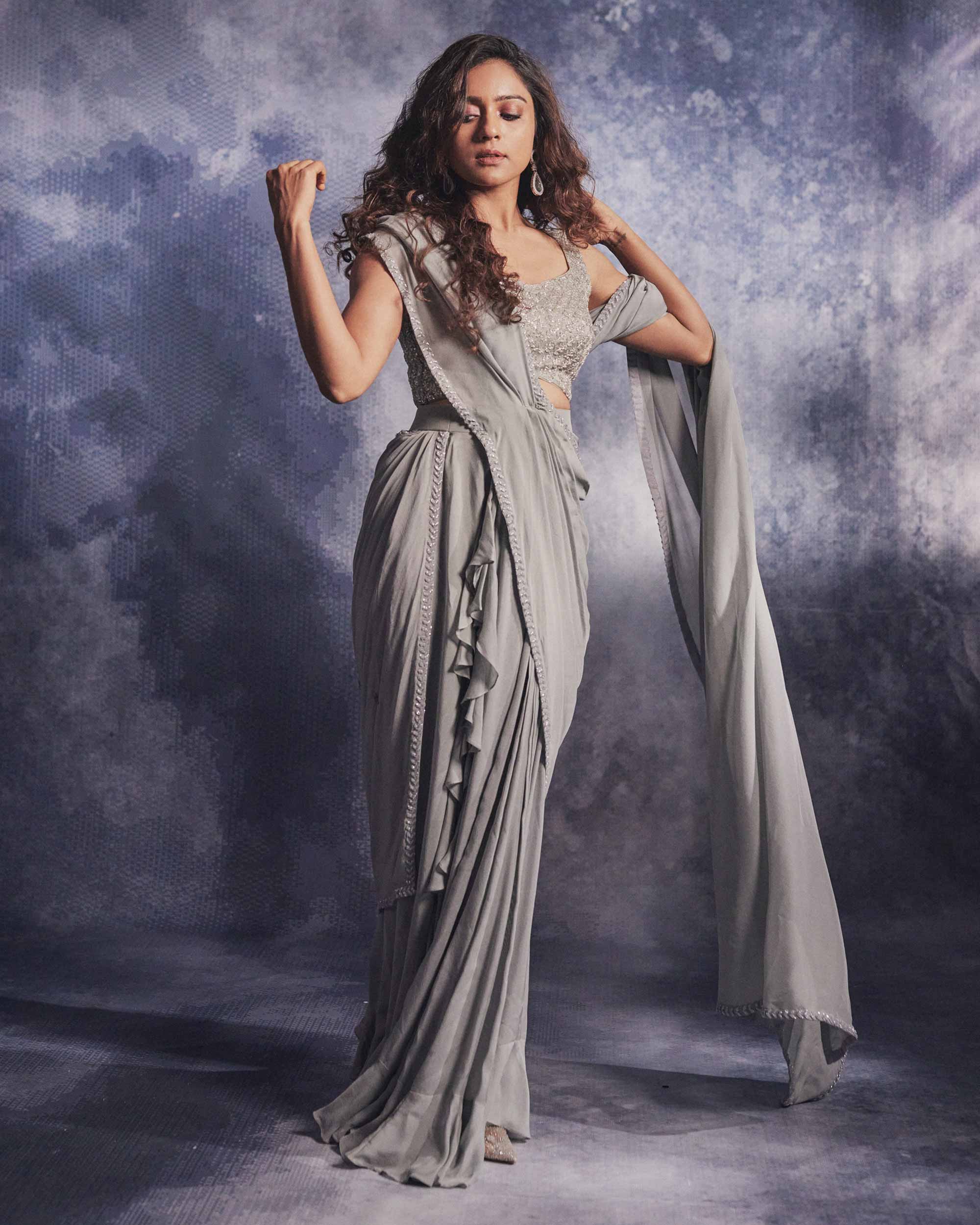 Smoke Grey Pre draped Saree set