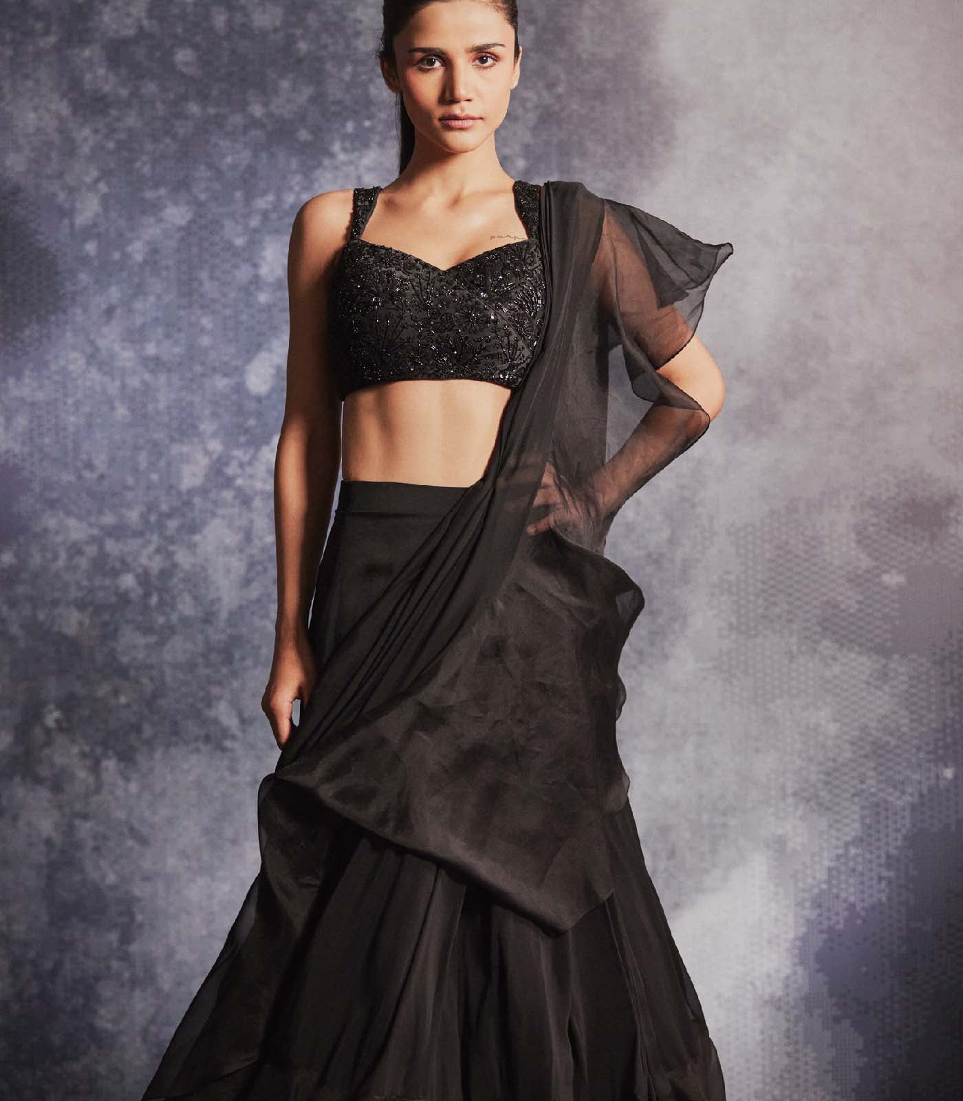 Jade Black pre draped ruffled saree set