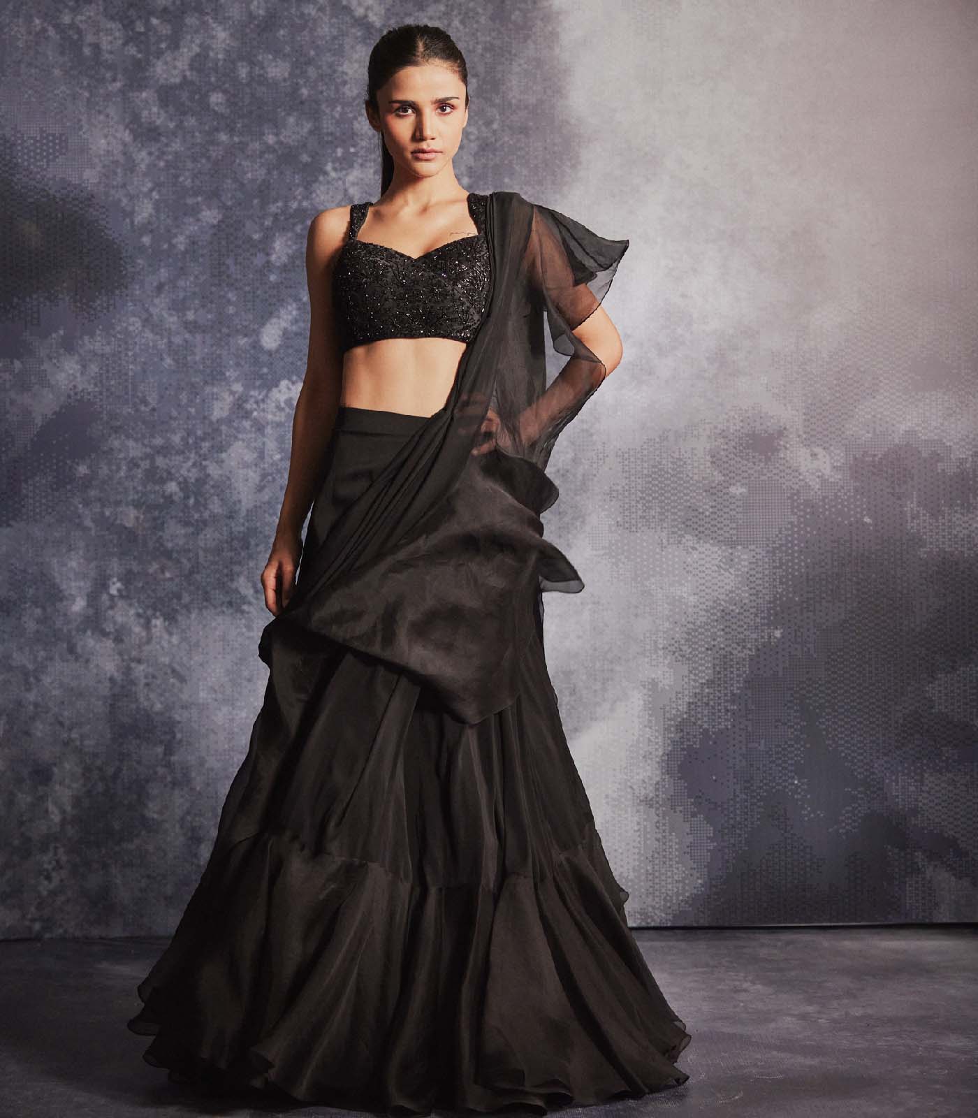 Jade Black pre draped ruffled saree set