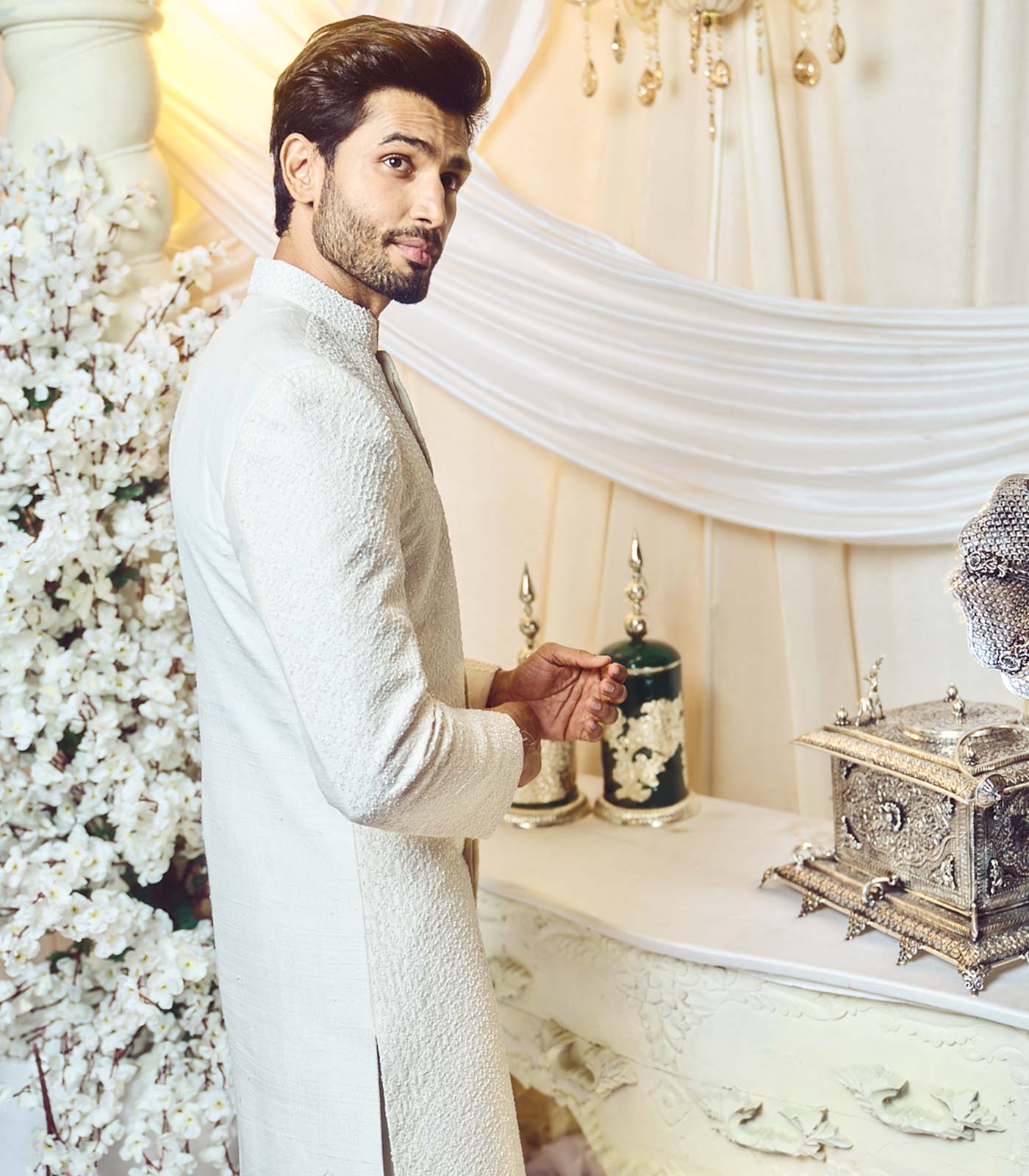 Seashell white embroidered sherwani set