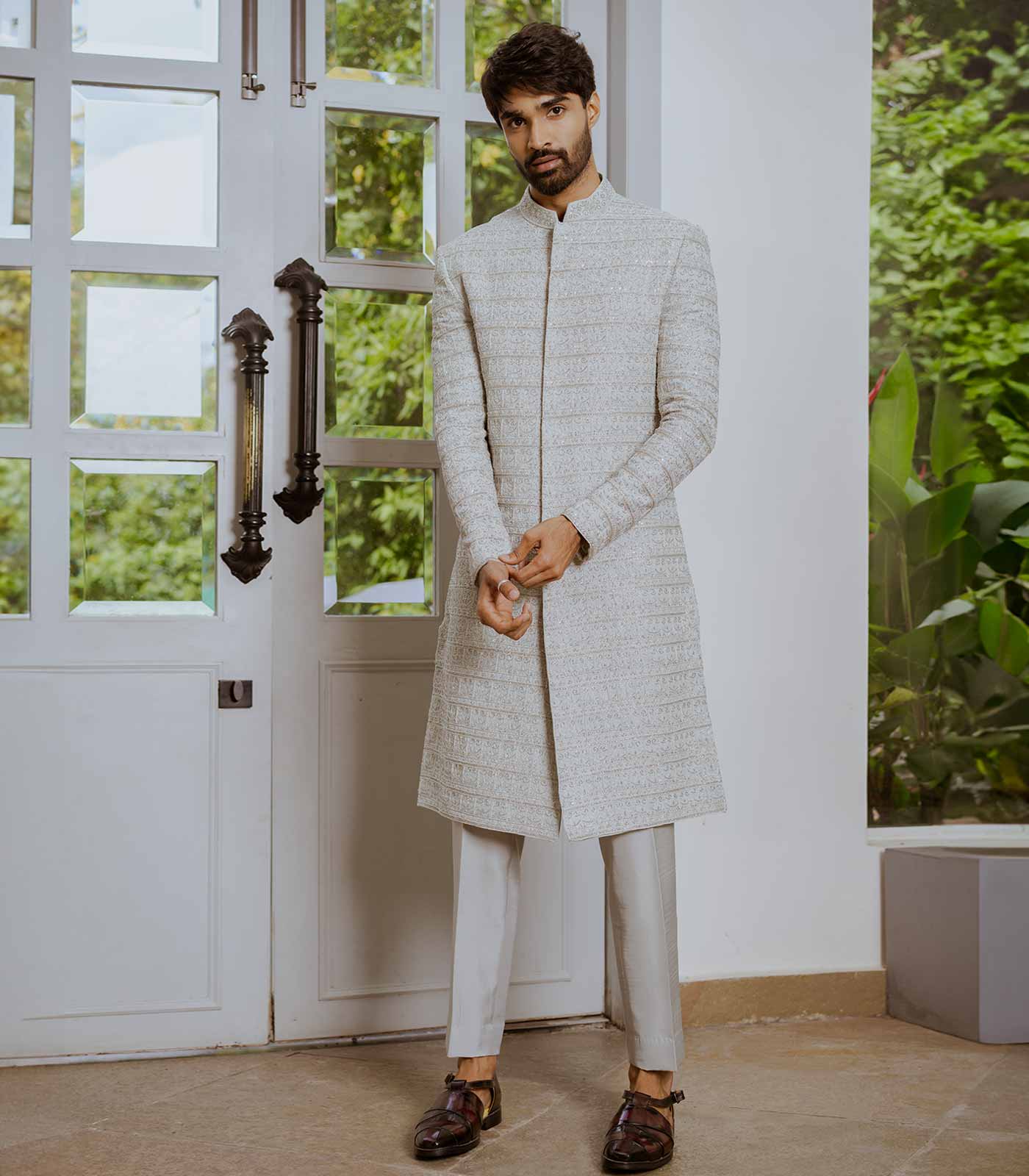 Pearl Grey Deco Sherwani set