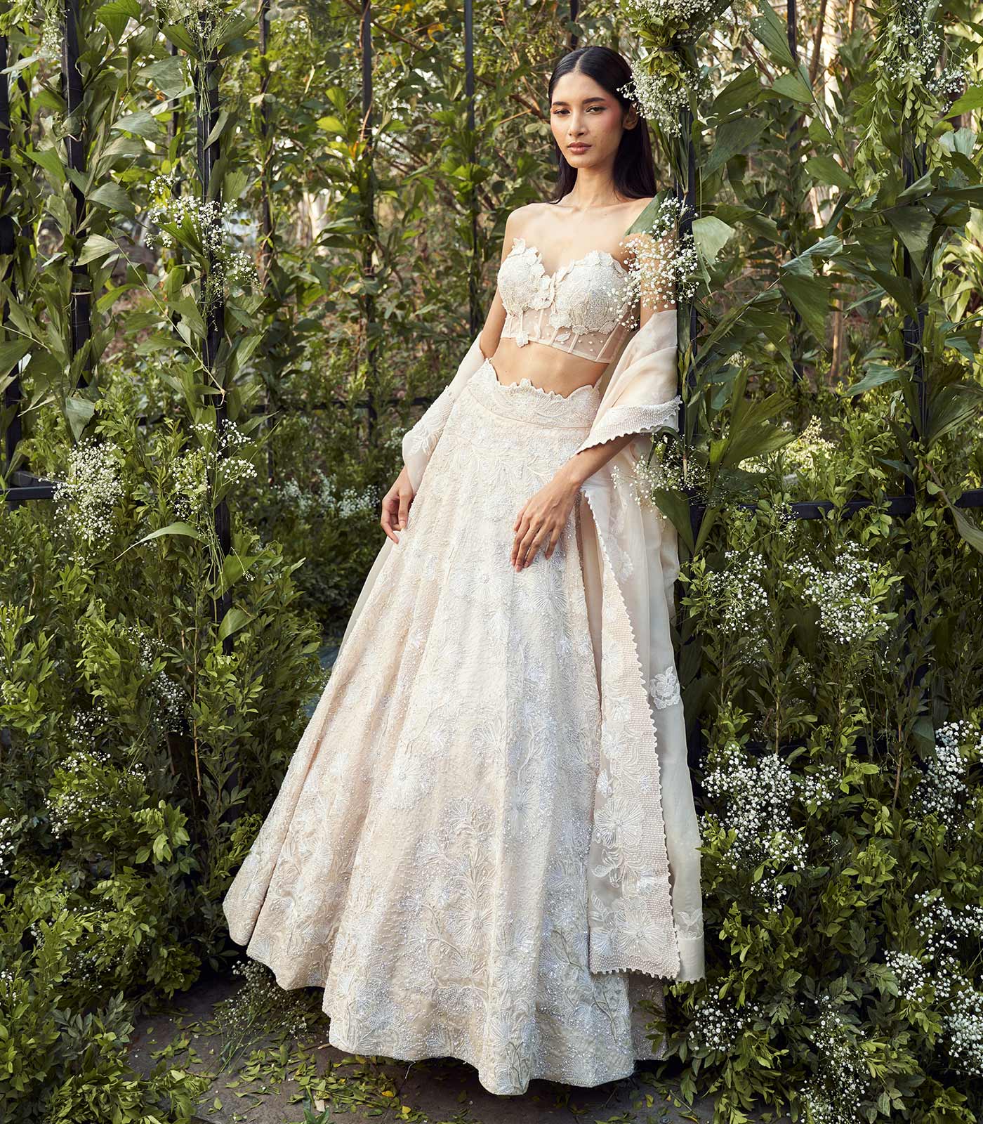 White pearl floral lehenga