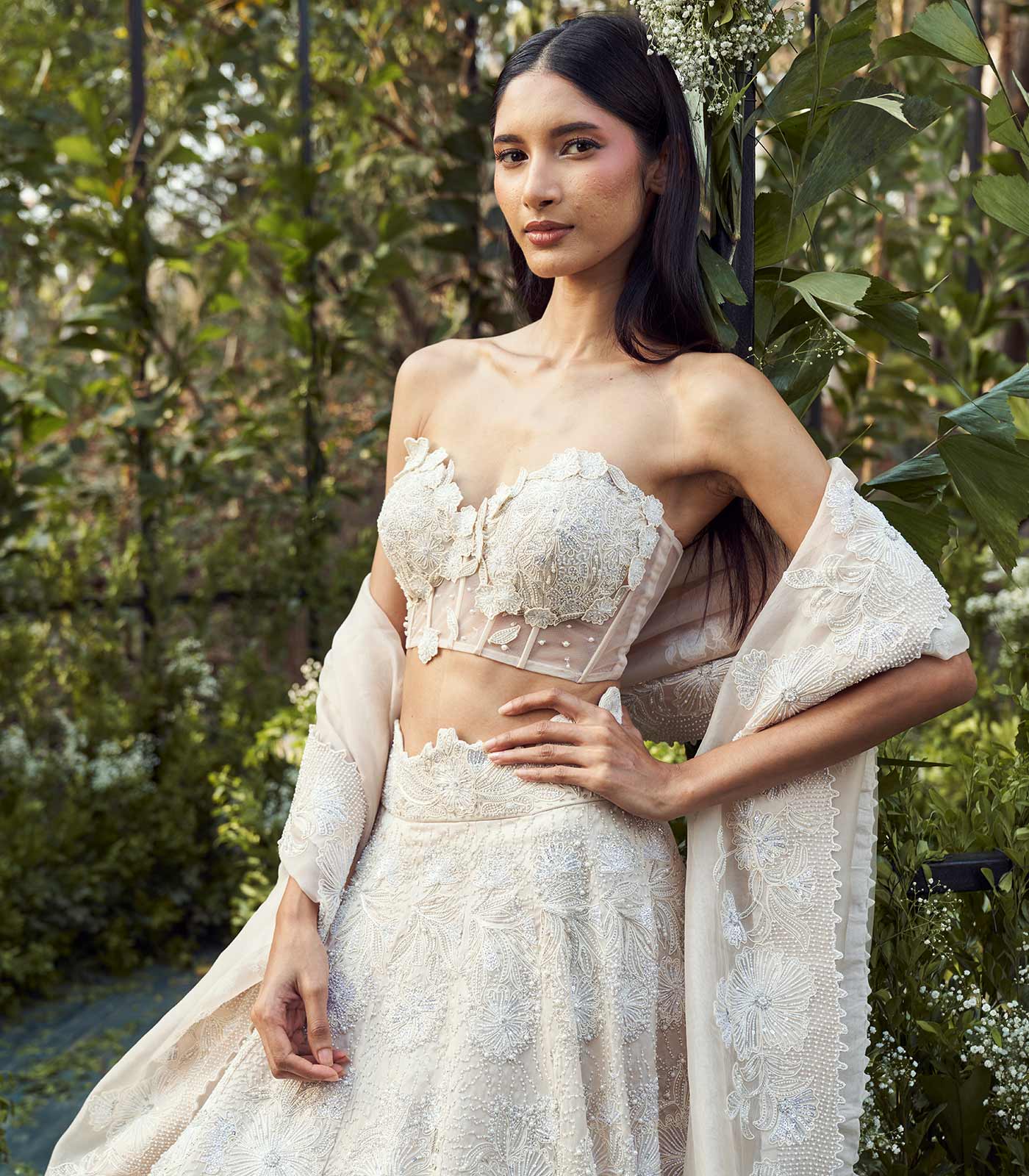 White pearl floral lehenga