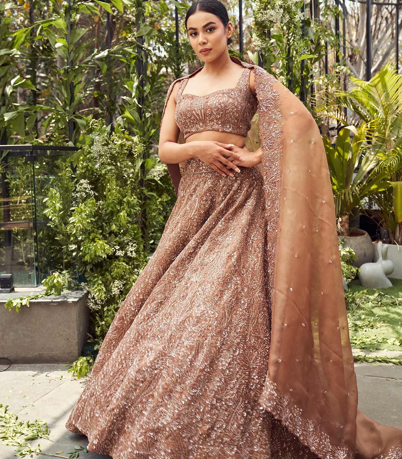 Copper brown geometric lehenga