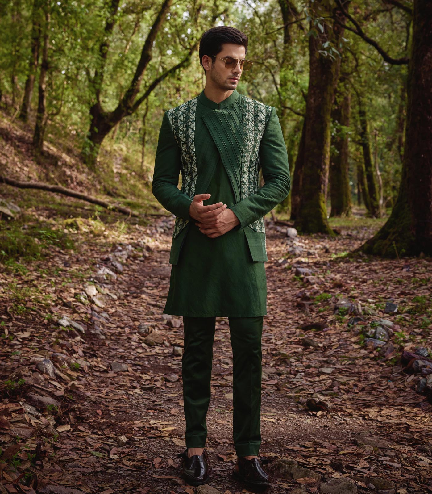 Olive Green Open Jacket Set