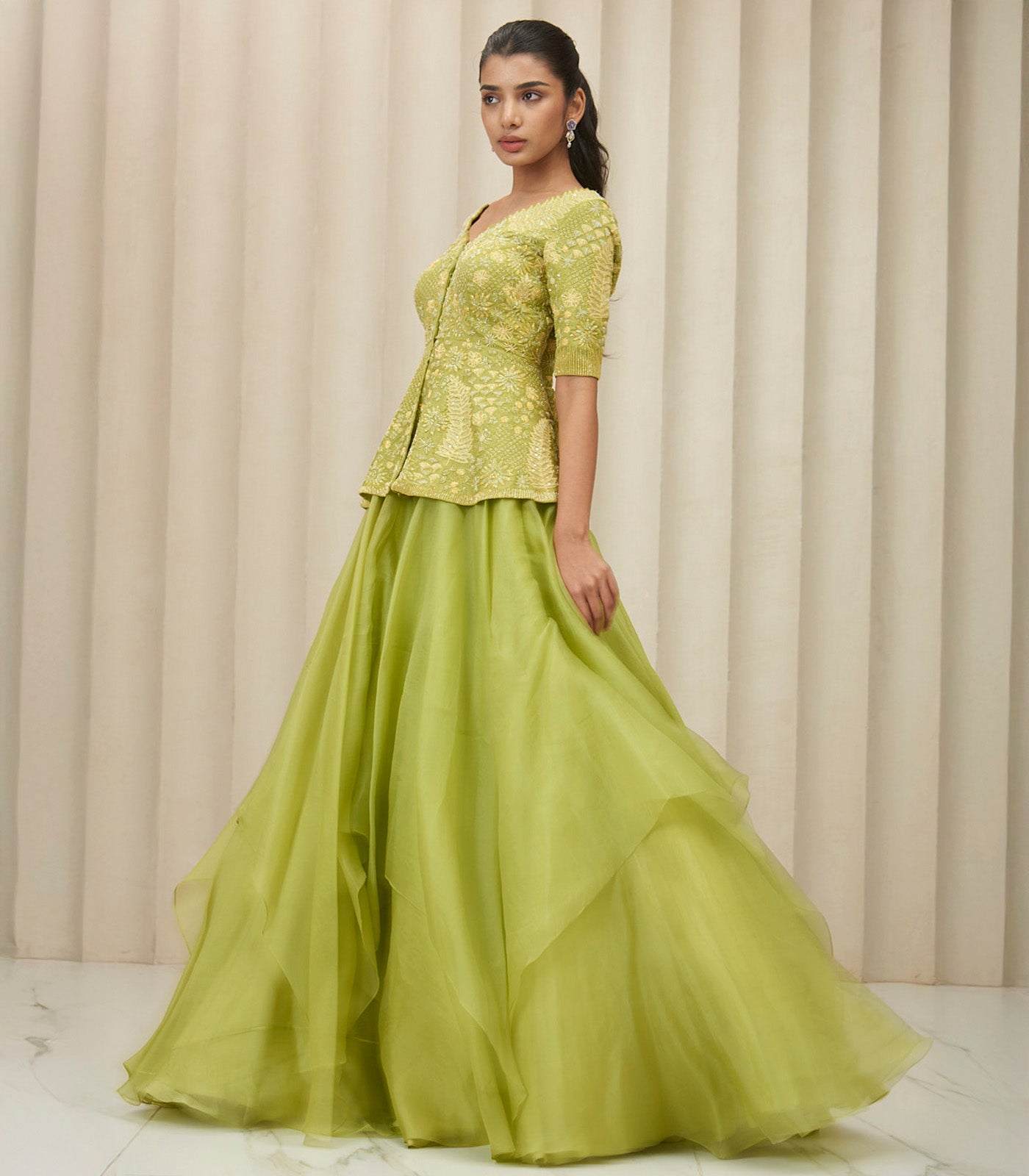 Moss green peplum cascading skirt