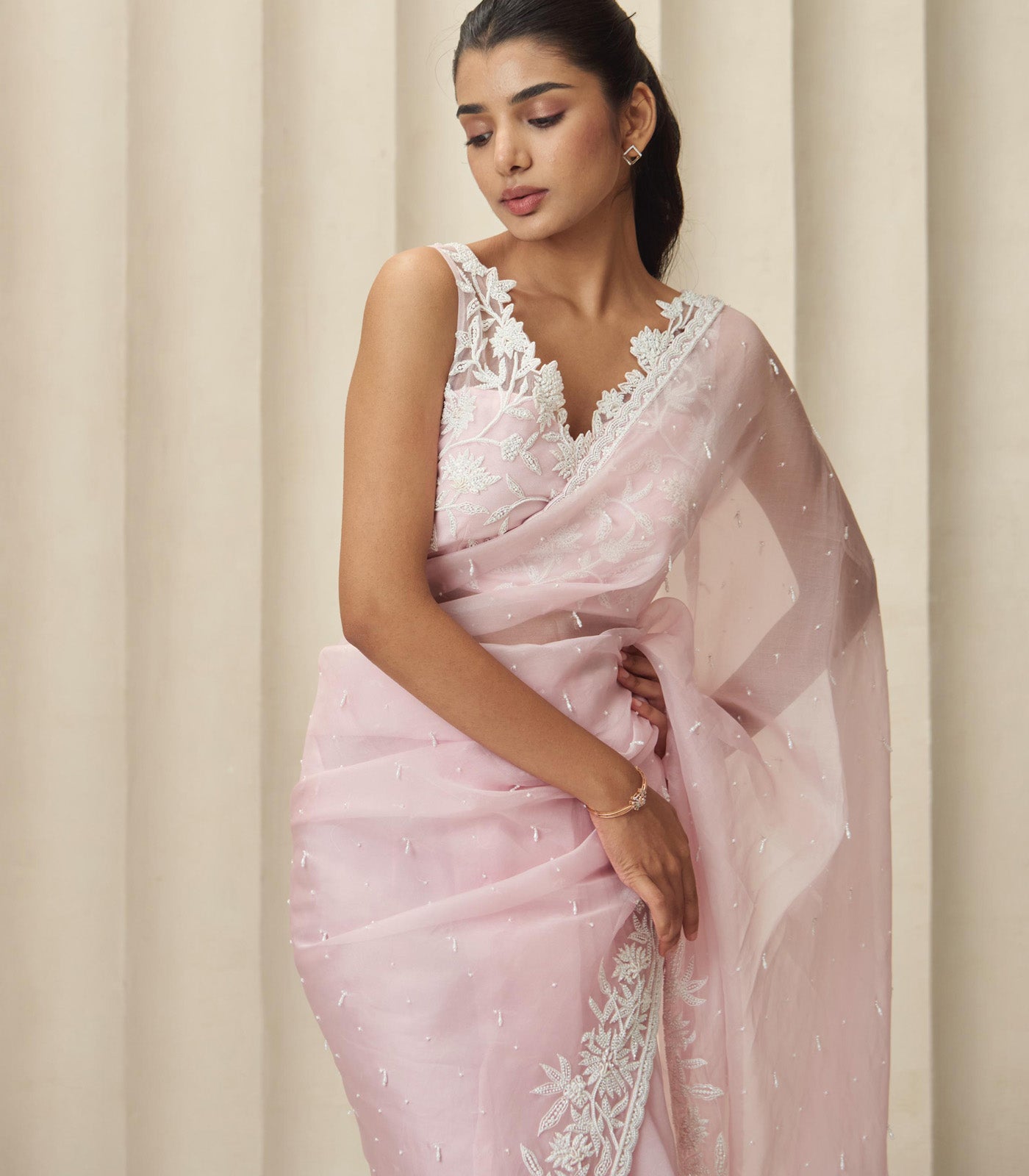 Pink pearl saree set