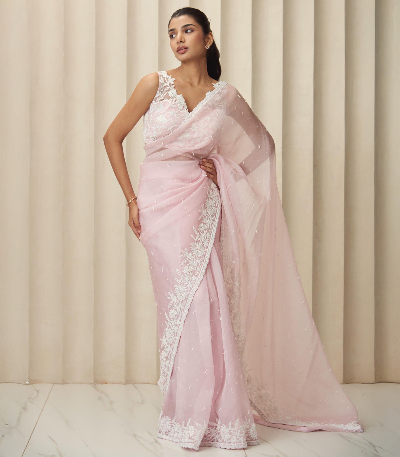 Pink pearl saree set
