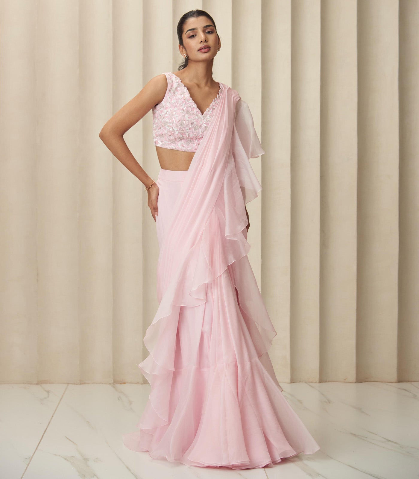 Pink aura ruffle saree set