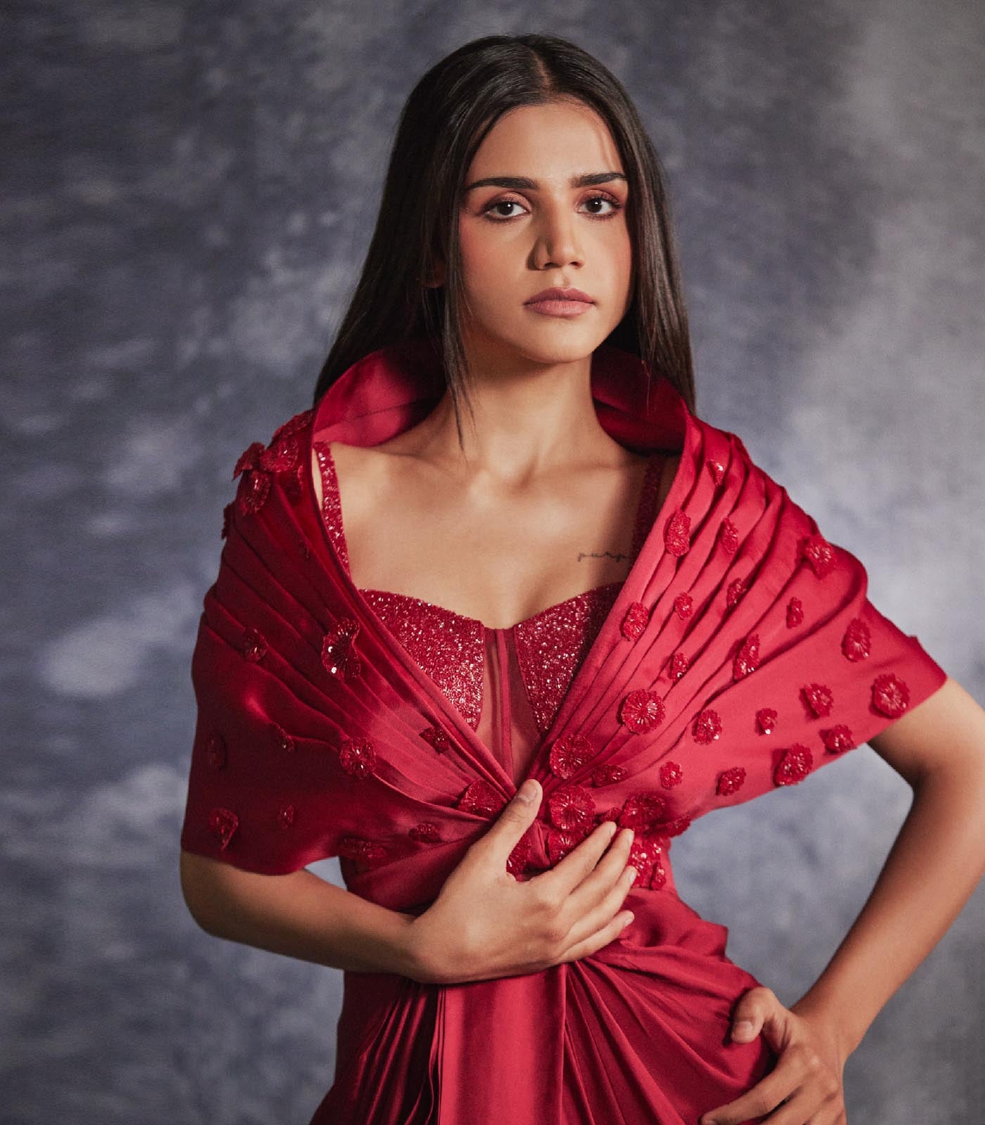 Scarlet red cape gown set
