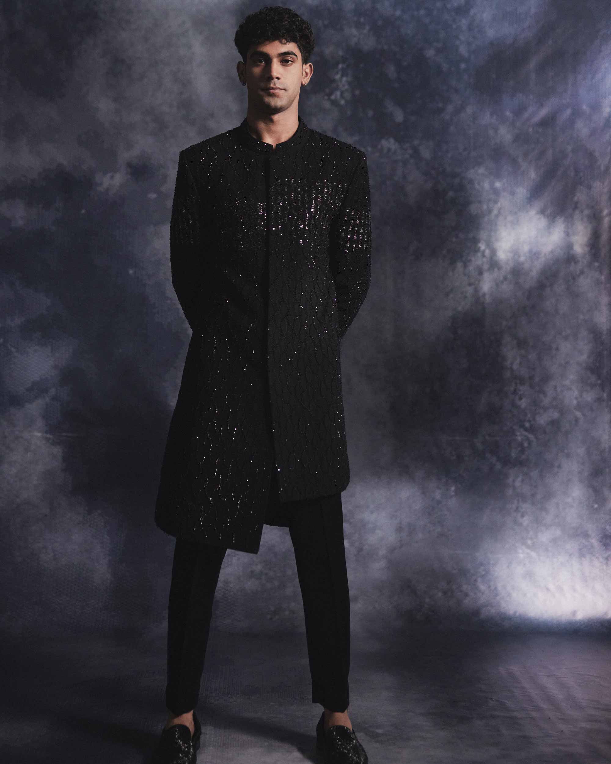 Ebony Black Waves Sherwani Set