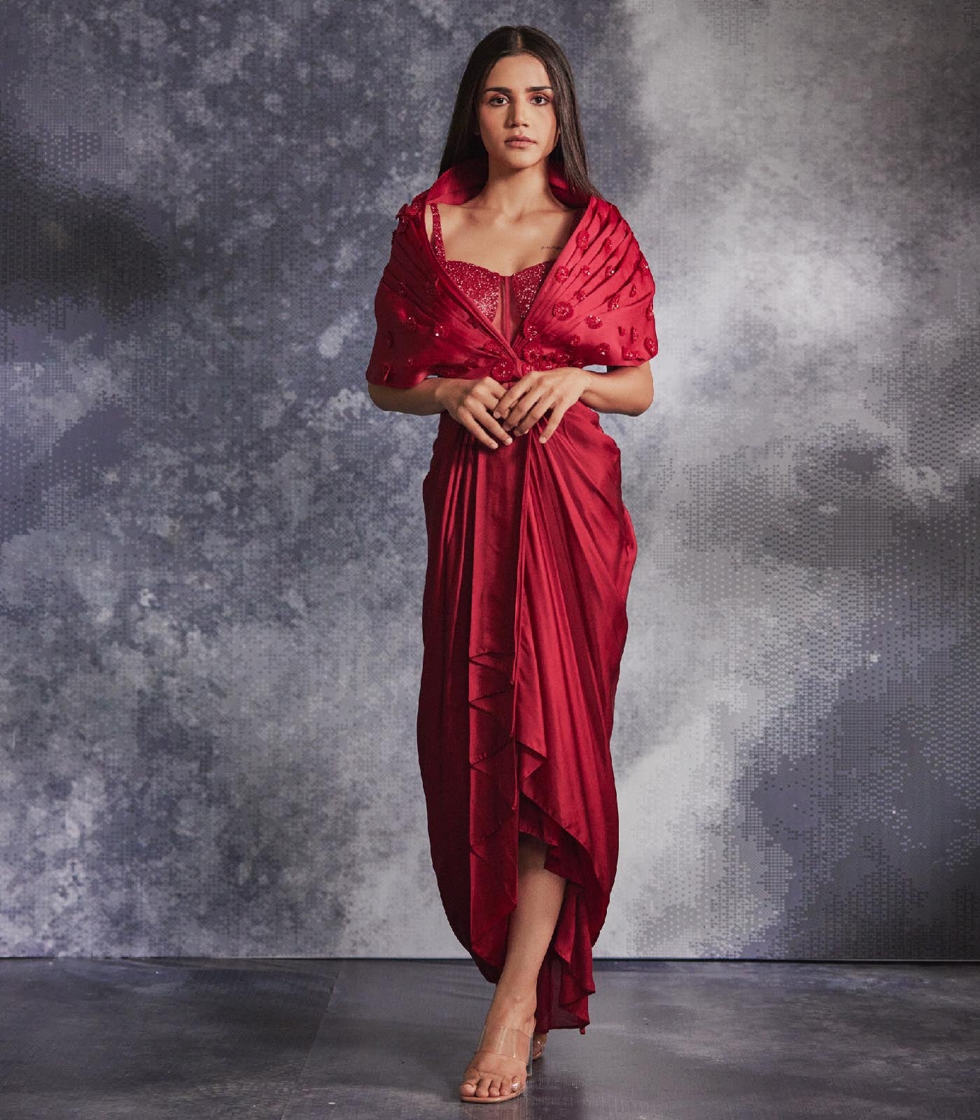 Scarlet red cape gown set