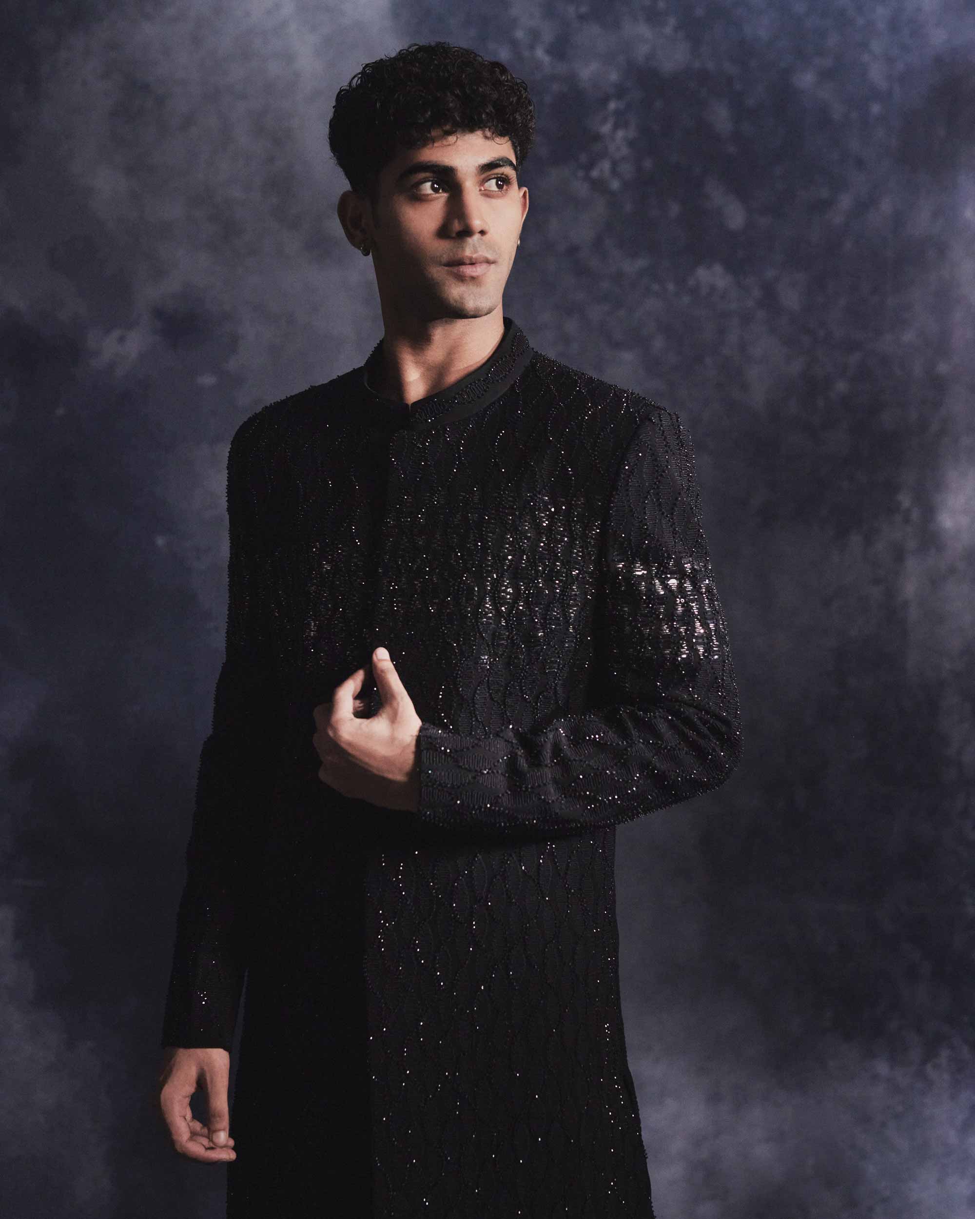 Ebony Black Waves Sherwani Set