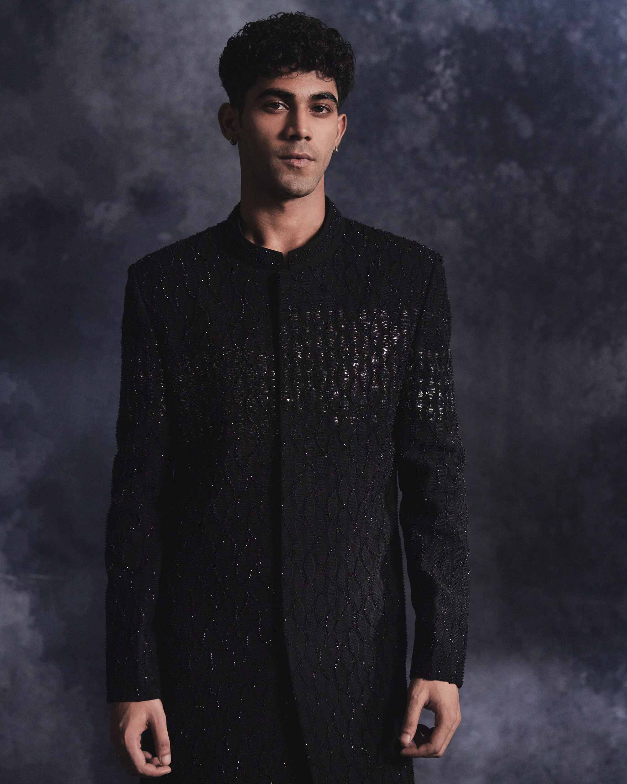 Ebony Black Waves Sherwani Set