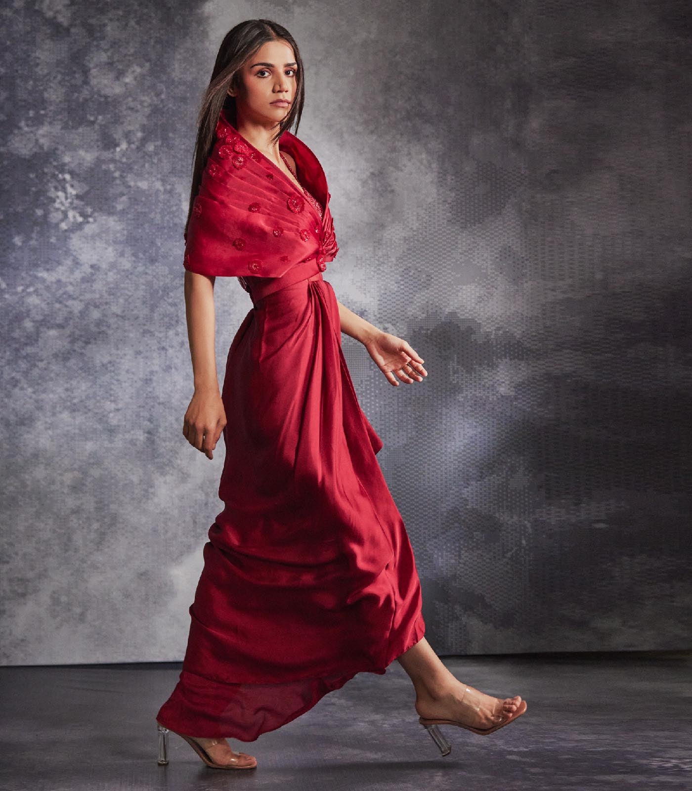 Scarlet red cape gown set