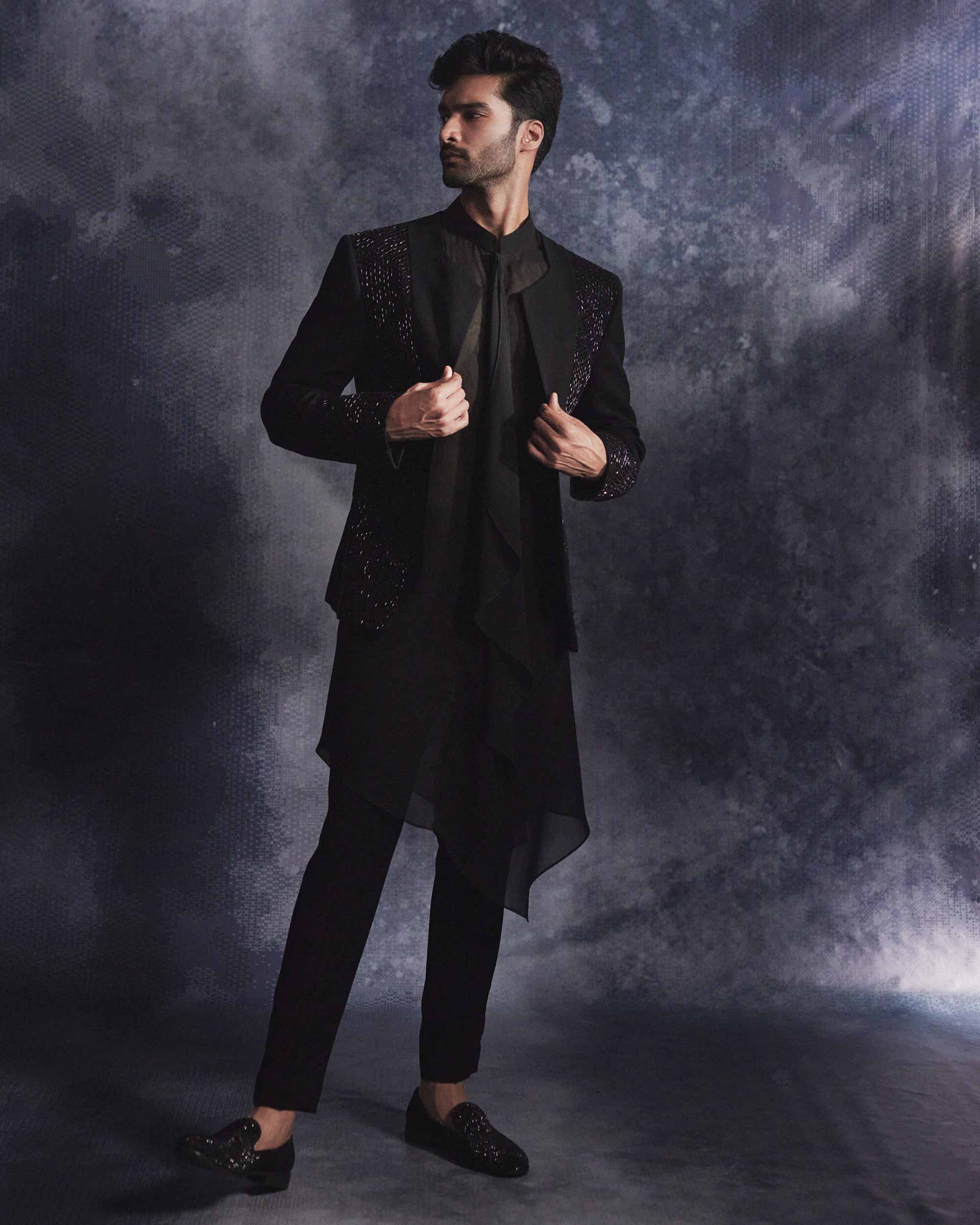 Ebony Black Metallic Open Jacket Set