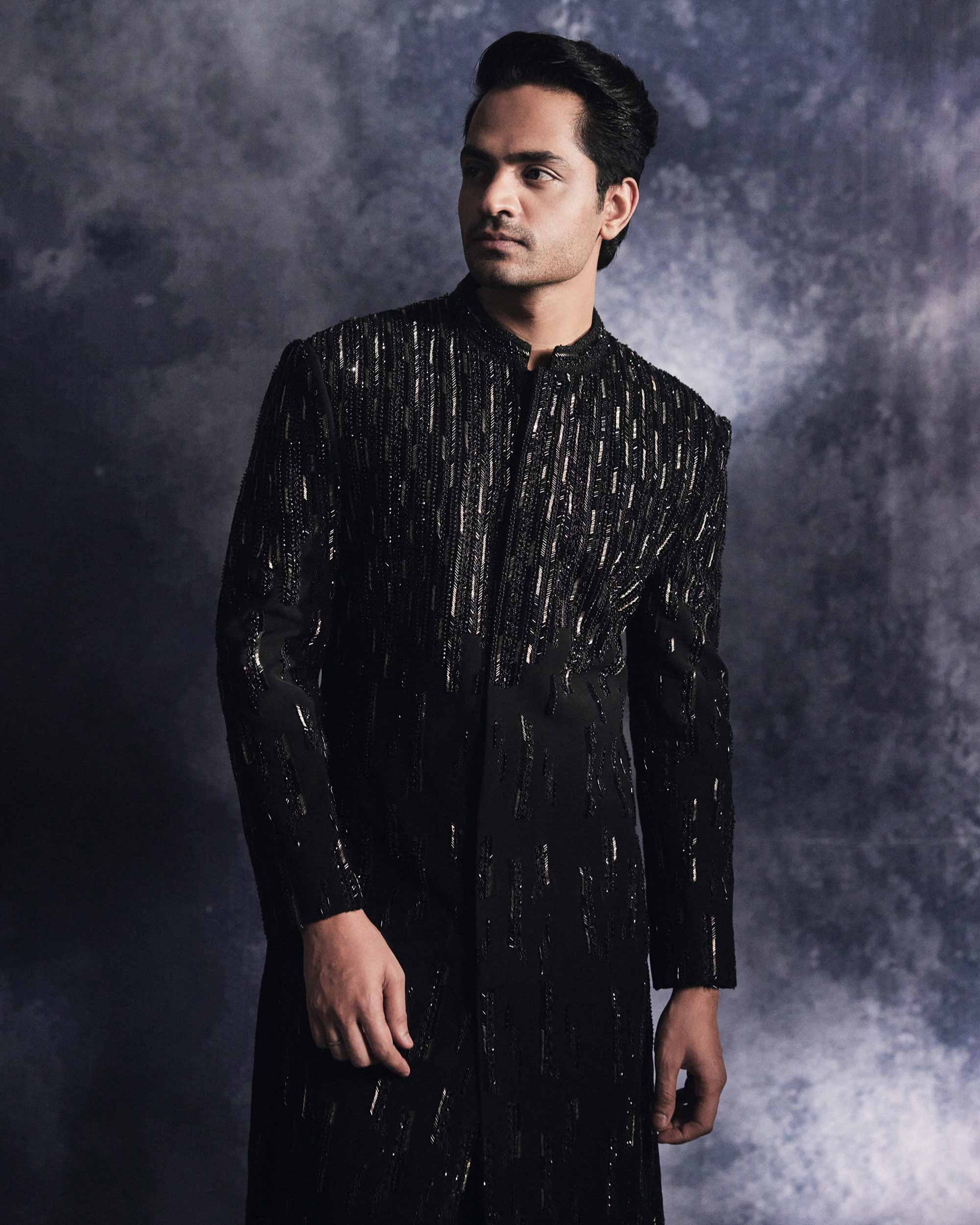 Ebony Black Lines Sherwani Set