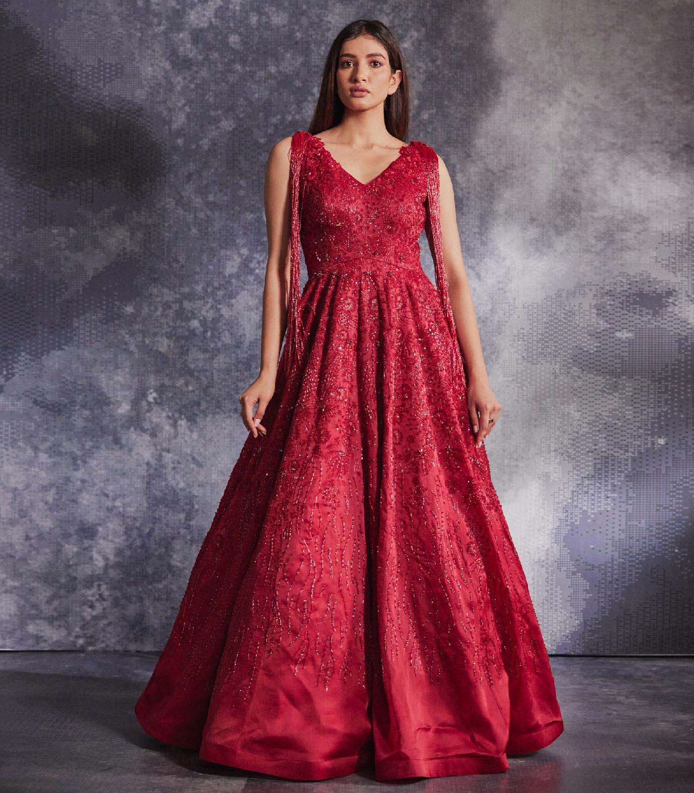 Scarlet red embroidered gown