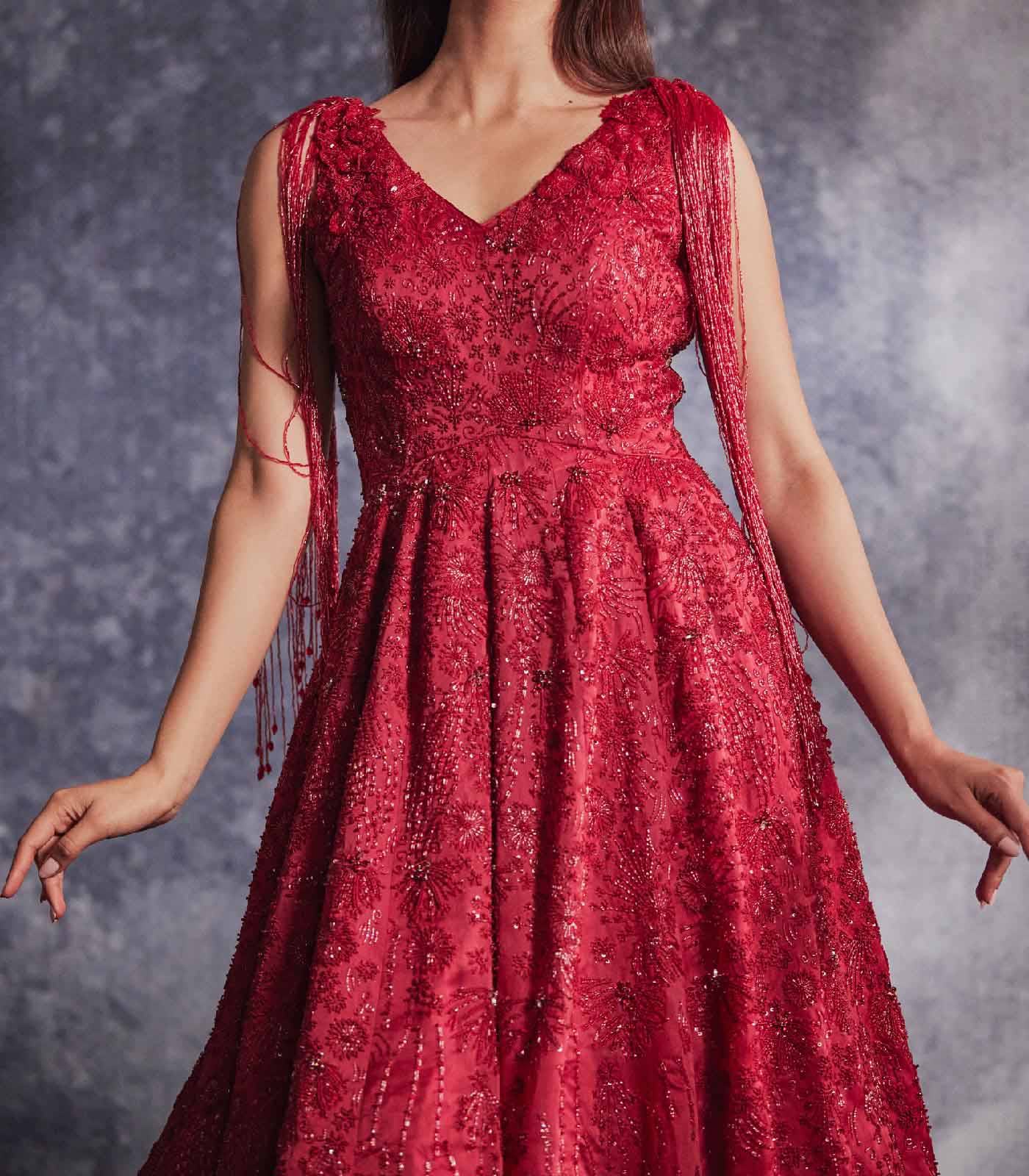 Scarlet red embroidered gown