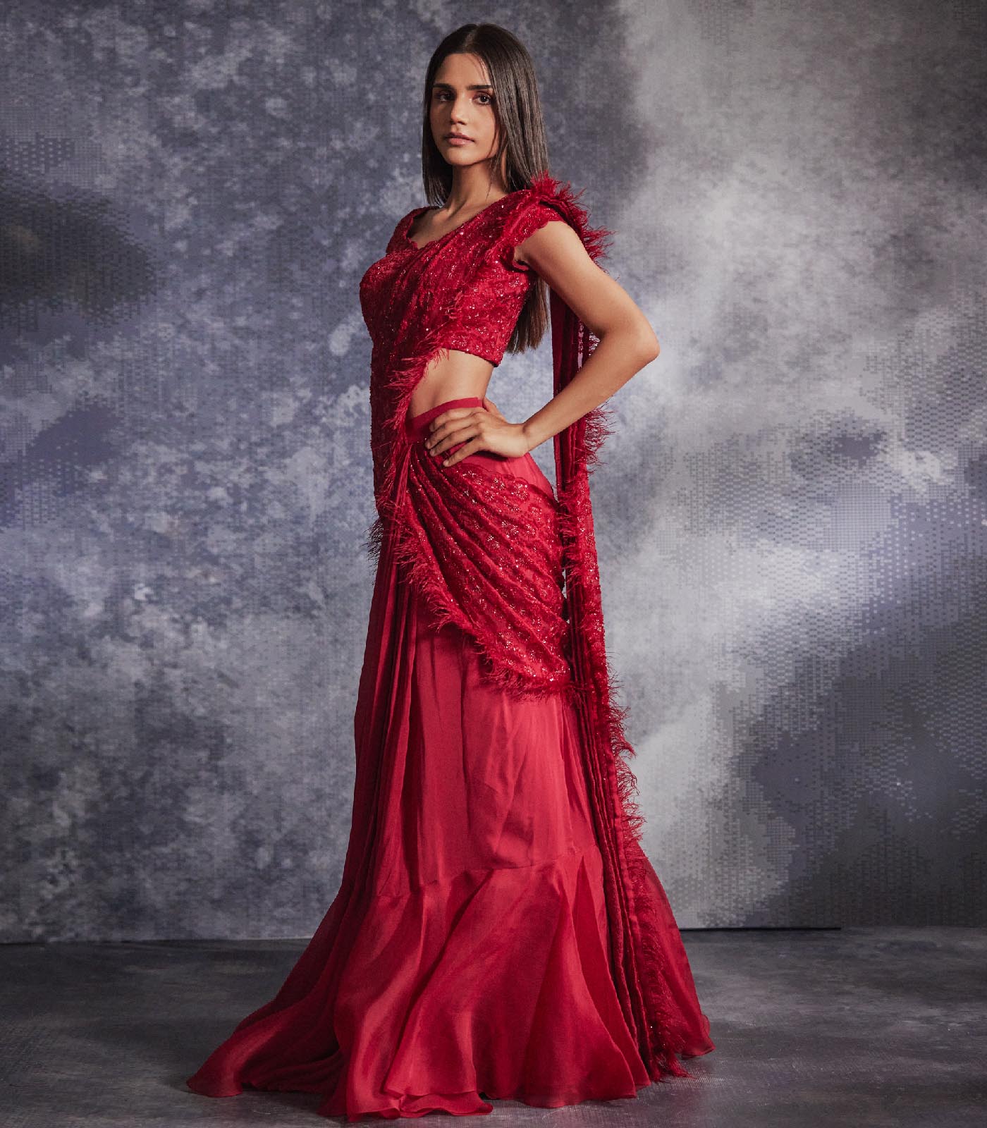 Scarlet red Ruffled Saree set
