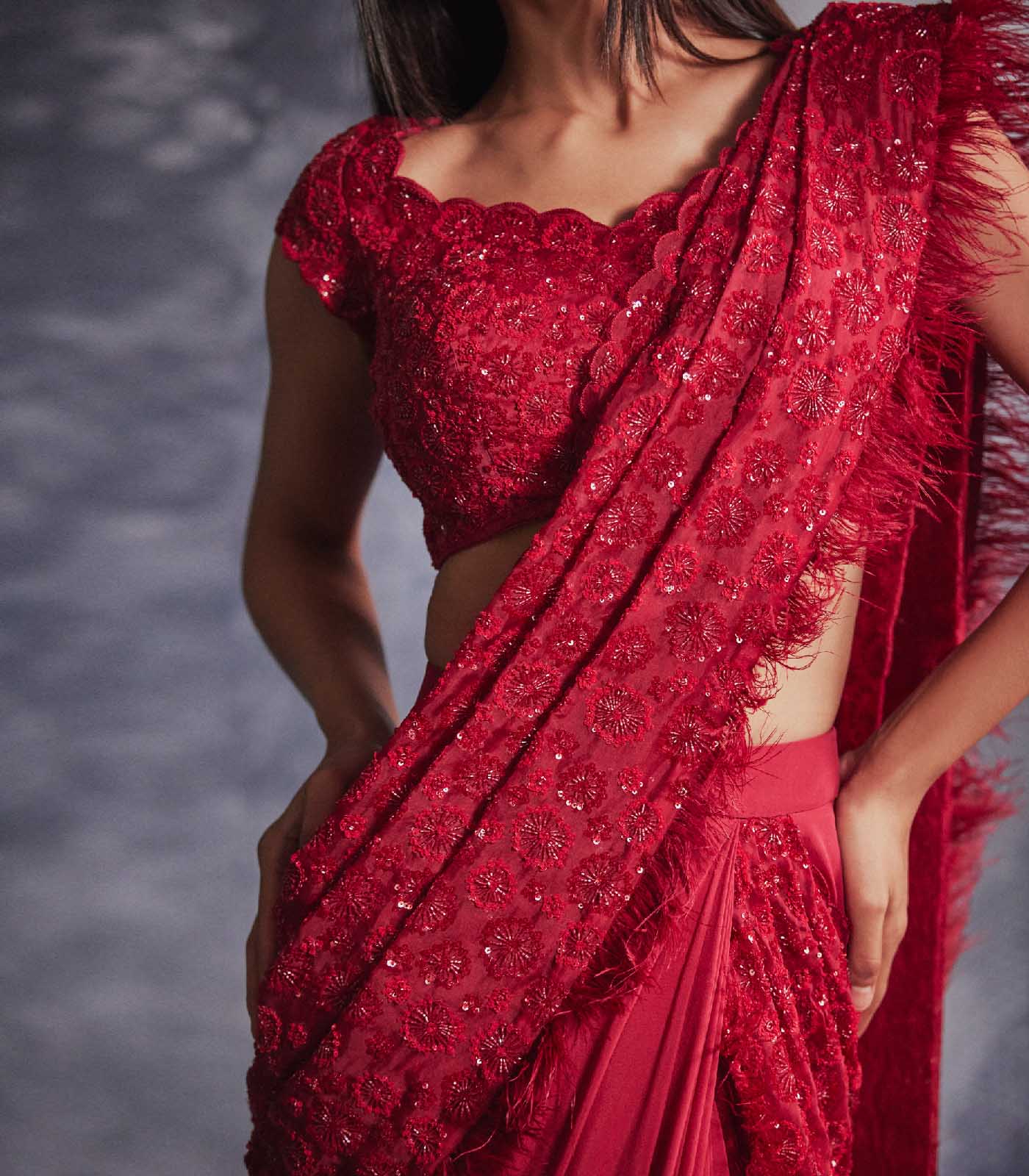 Scarlet red Ruffled Saree set