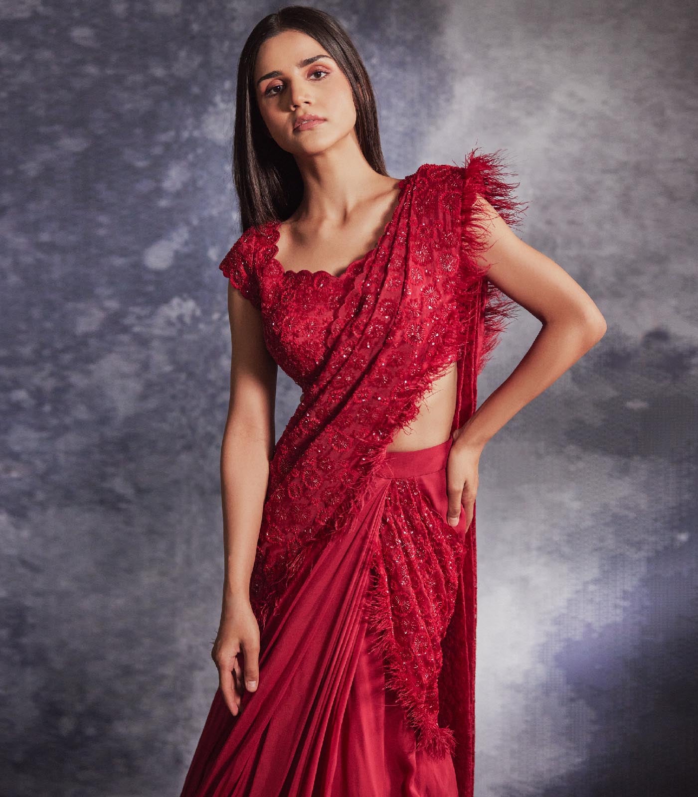 Scarlet red Ruffled Saree set