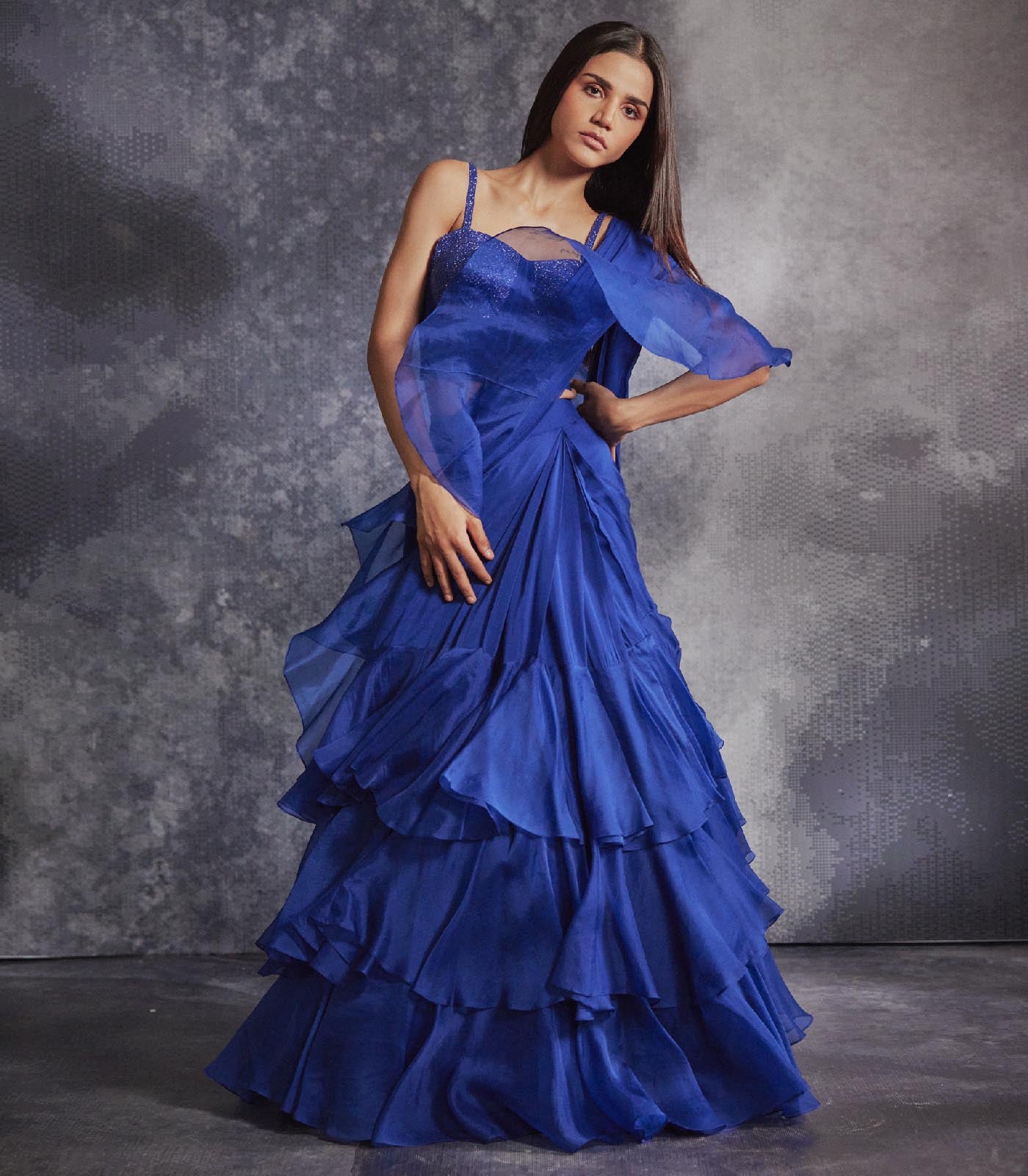 Azure Blue pre draped ruffled saree