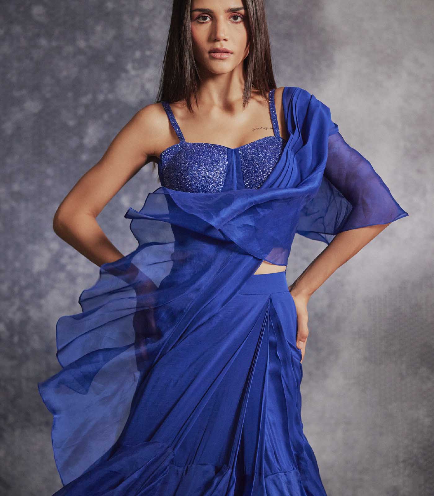 Azure Blue pre draped ruffled saree