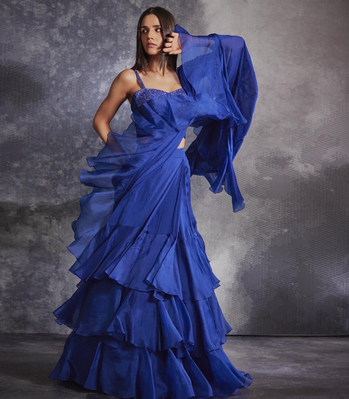 Azure Blue pre draped ruffled saree