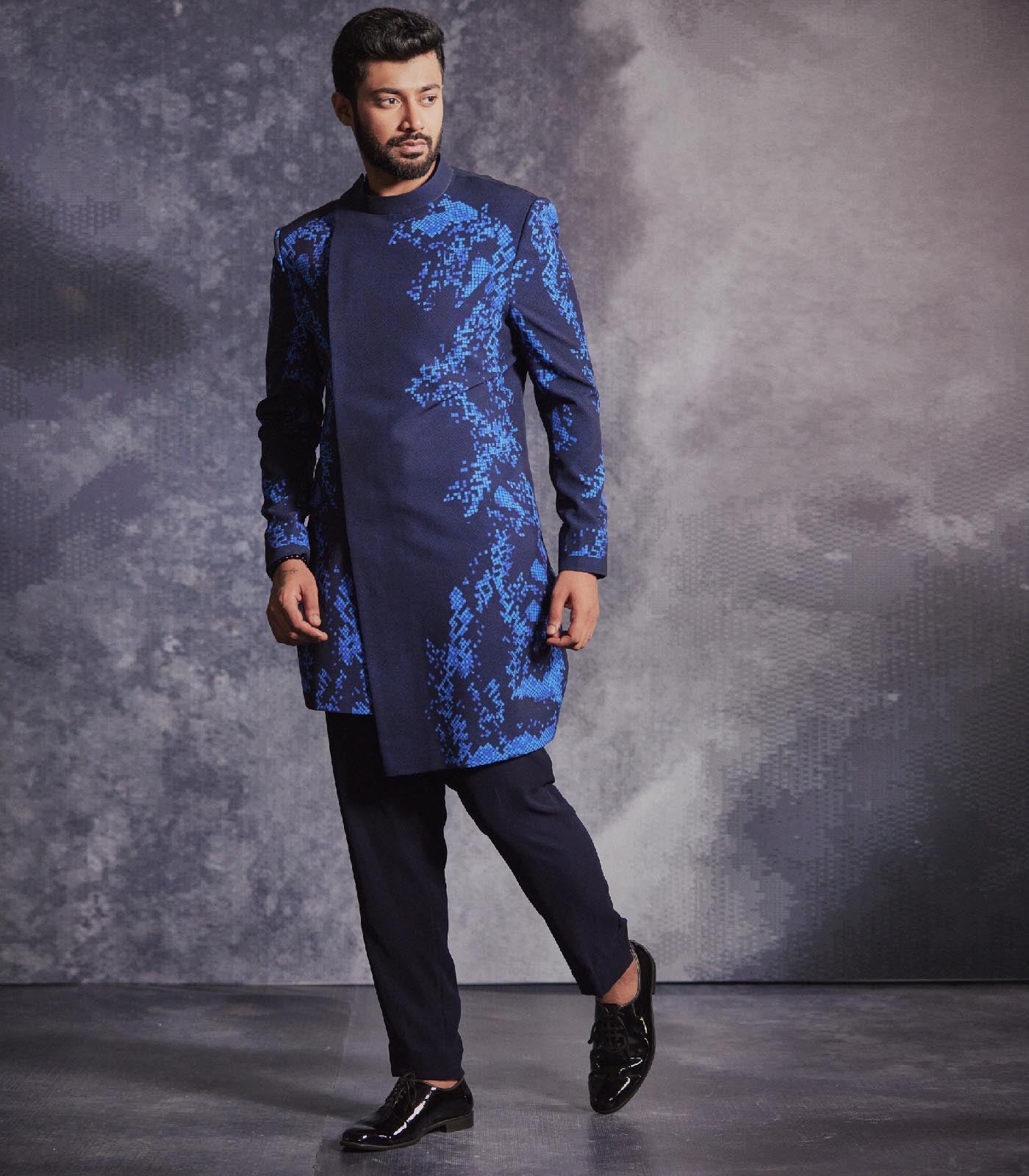 Prussian Blue printed Sherwani set