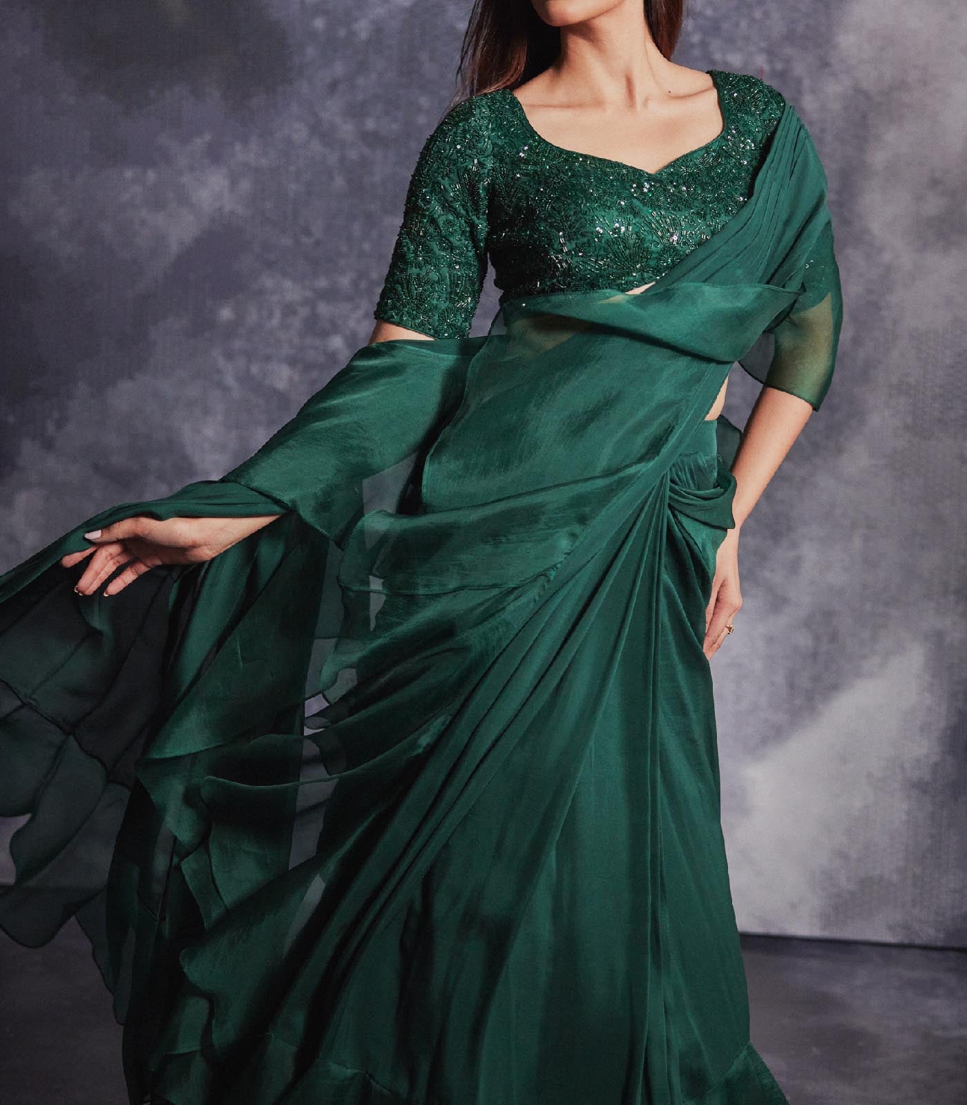 Topaz Pre draped ruffled saree set