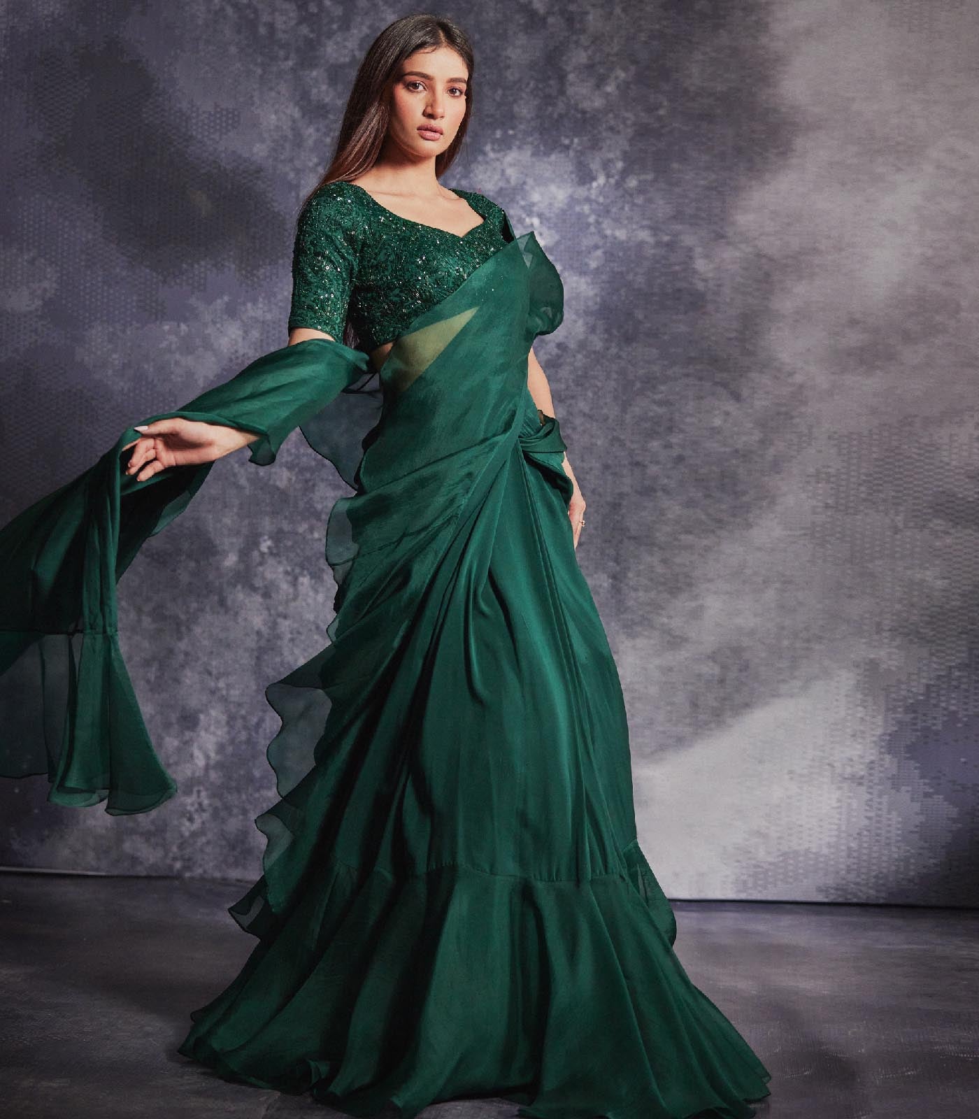 Topaz Pre draped ruffled saree set