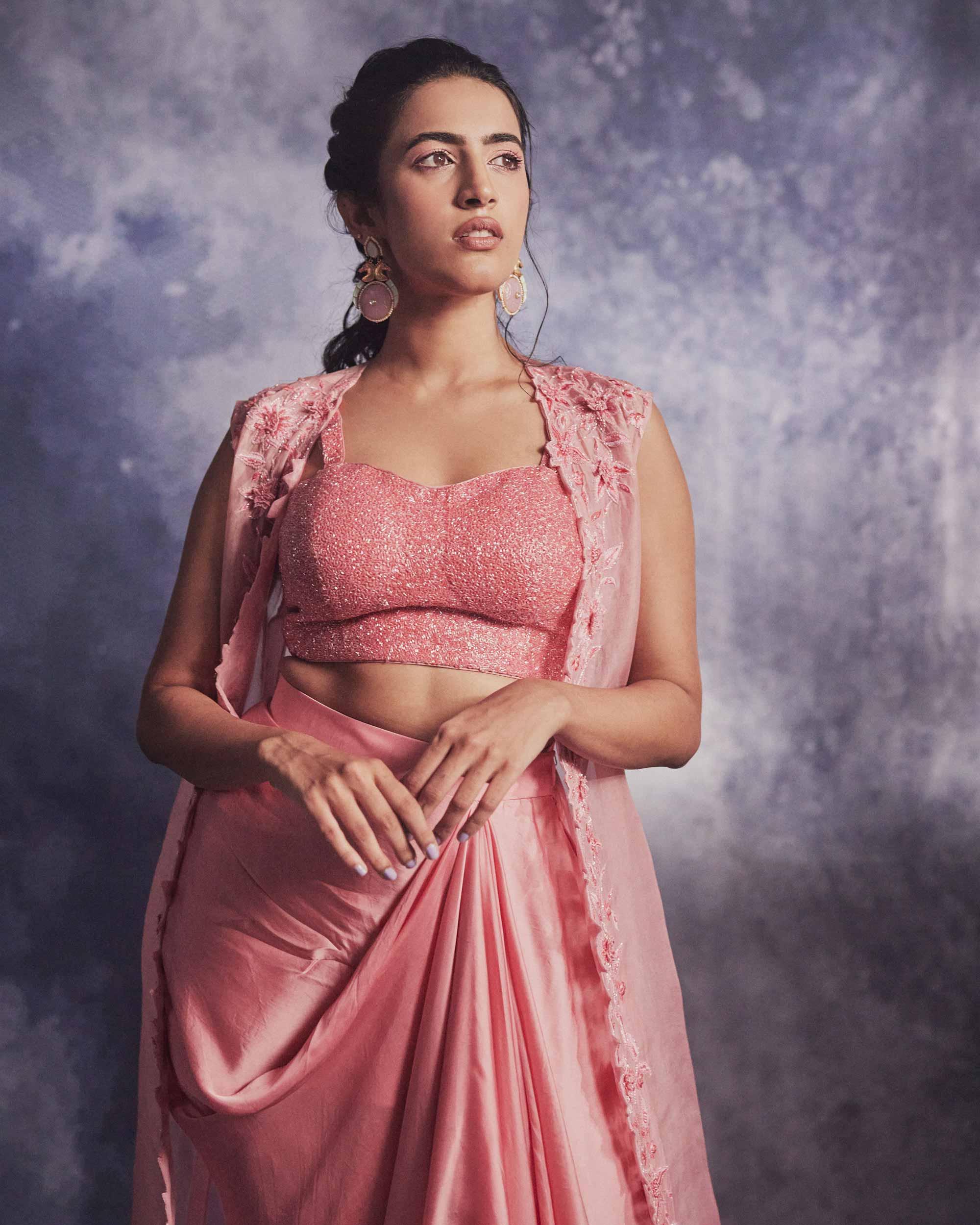 Rouge Pink Draped Skirt- cape Set