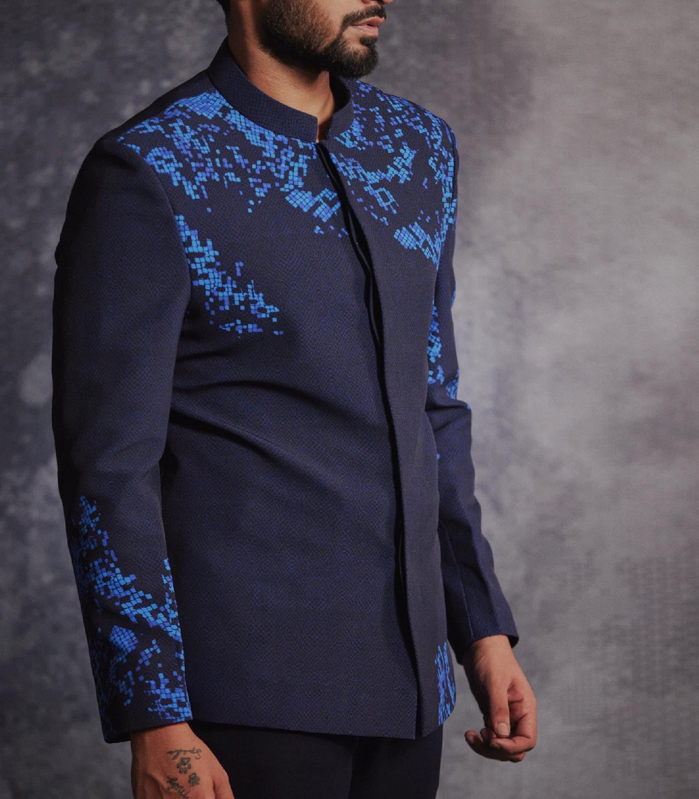 Prussian blue printed bandhgala set