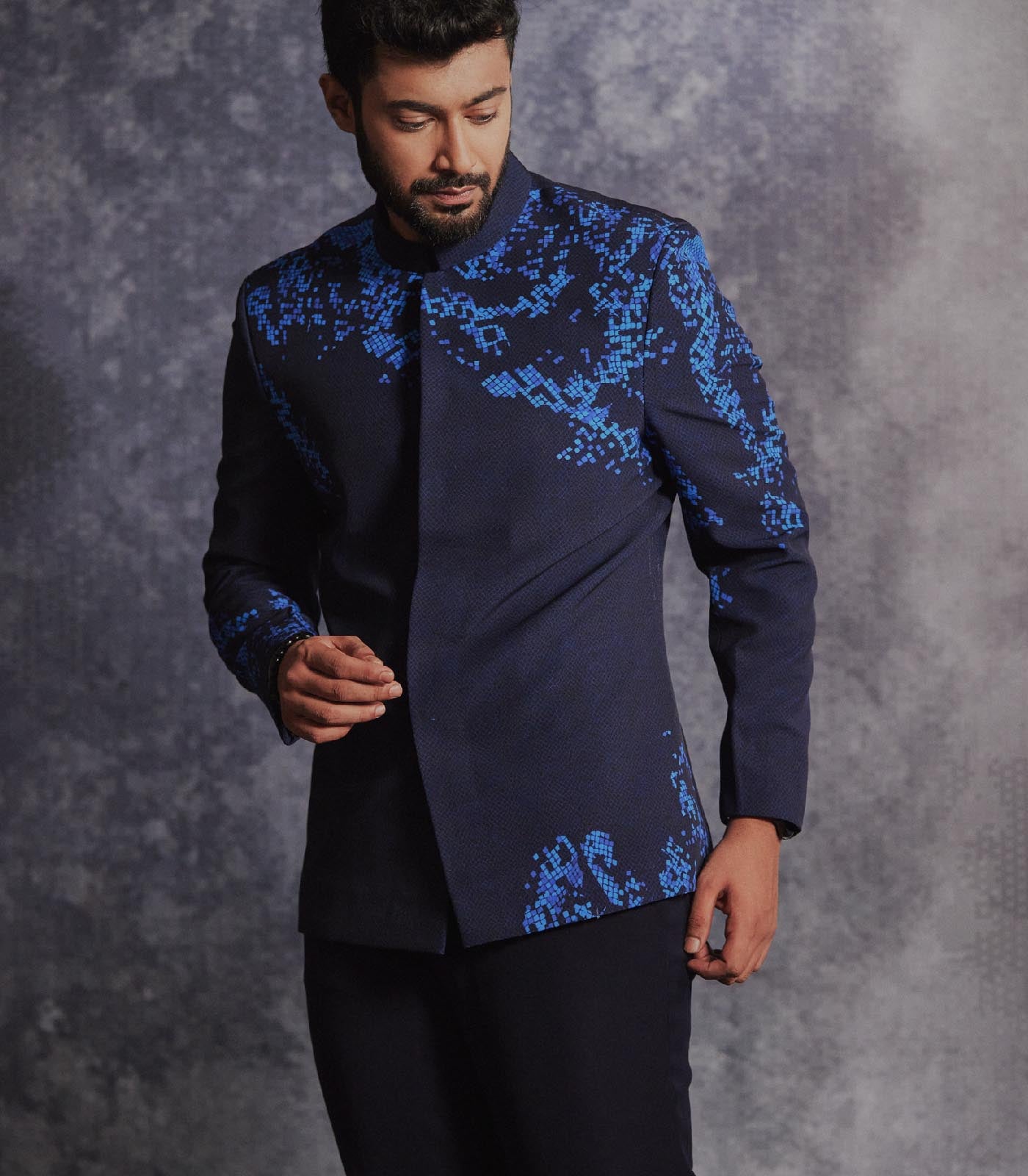 Prussian blue printed bandhgala set