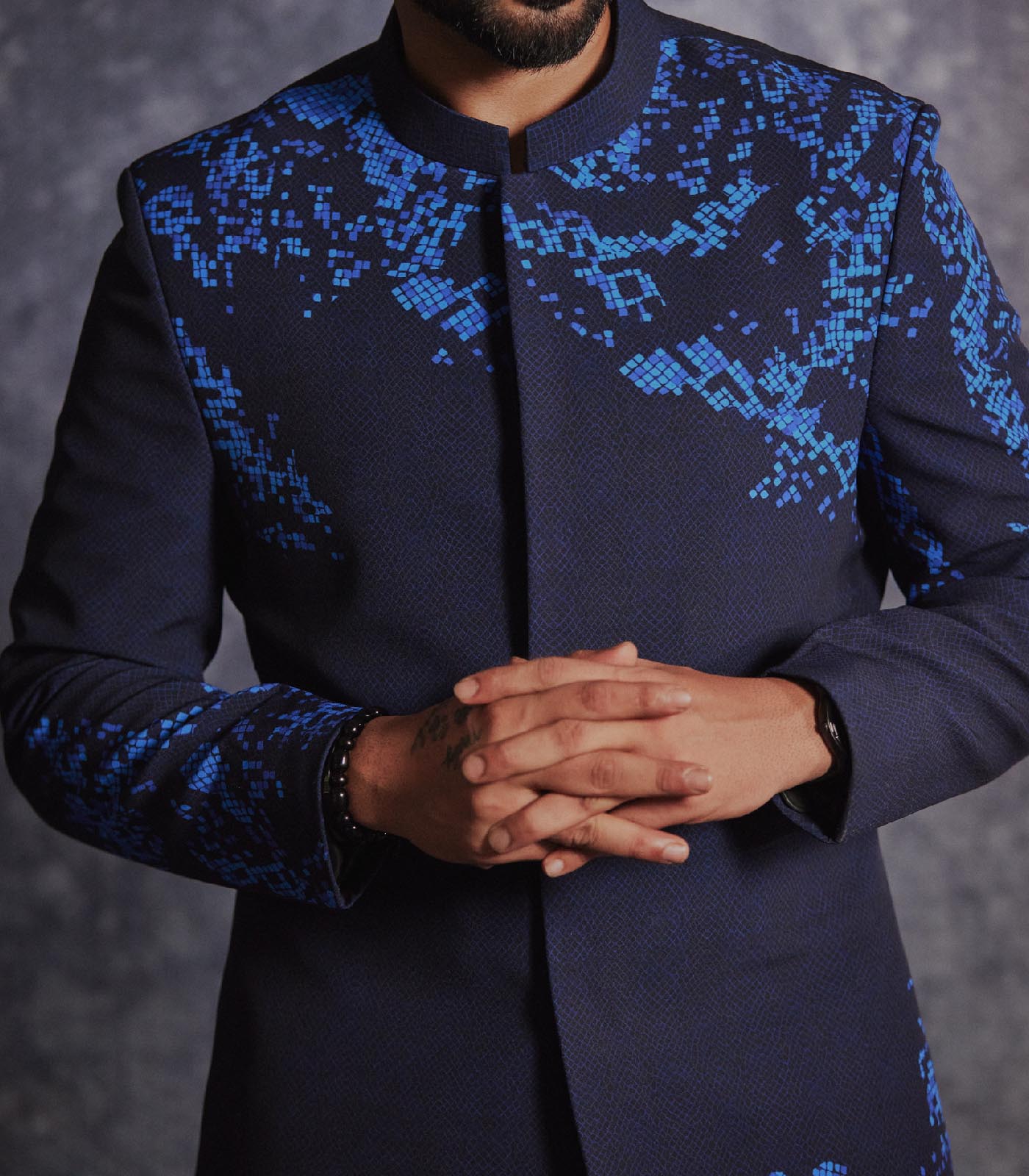 Prussian blue printed bandhgala set