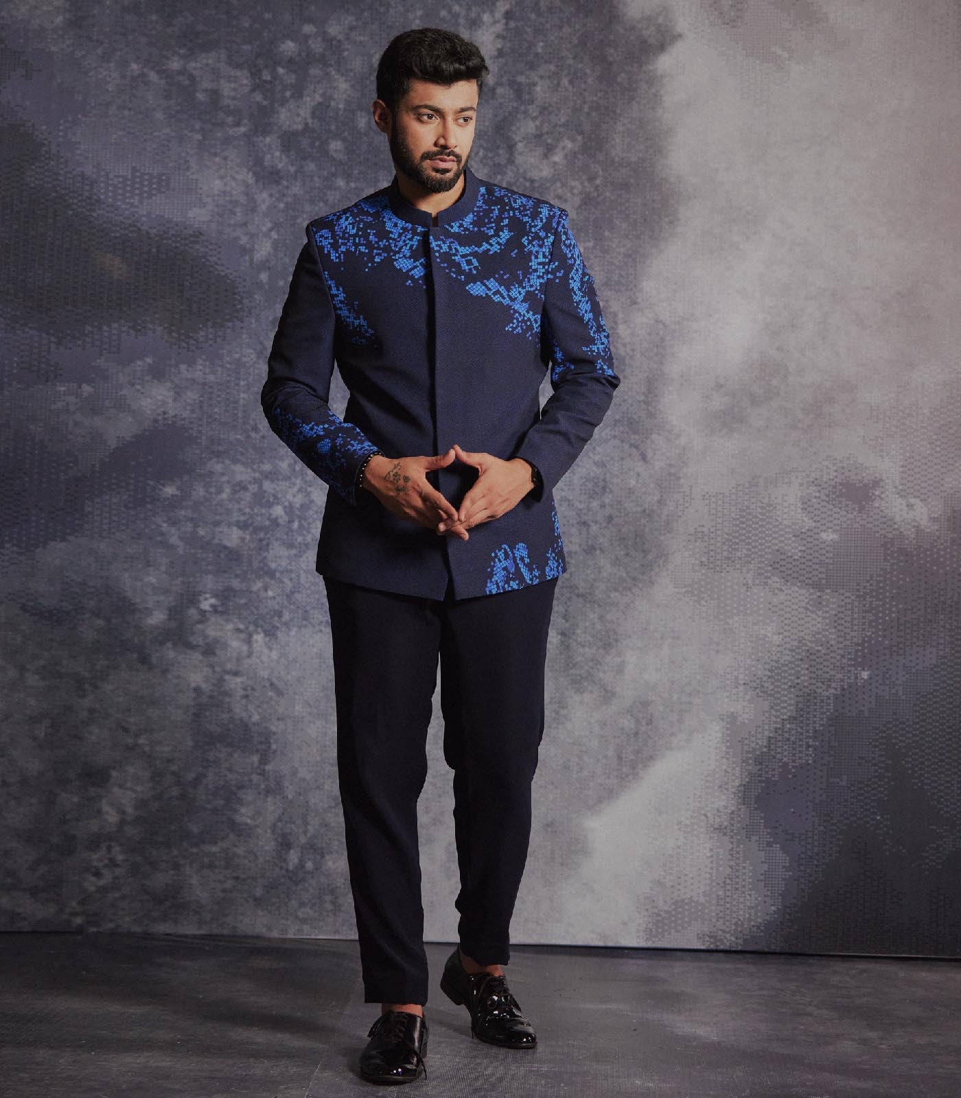 Prussian blue printed bandhgala set