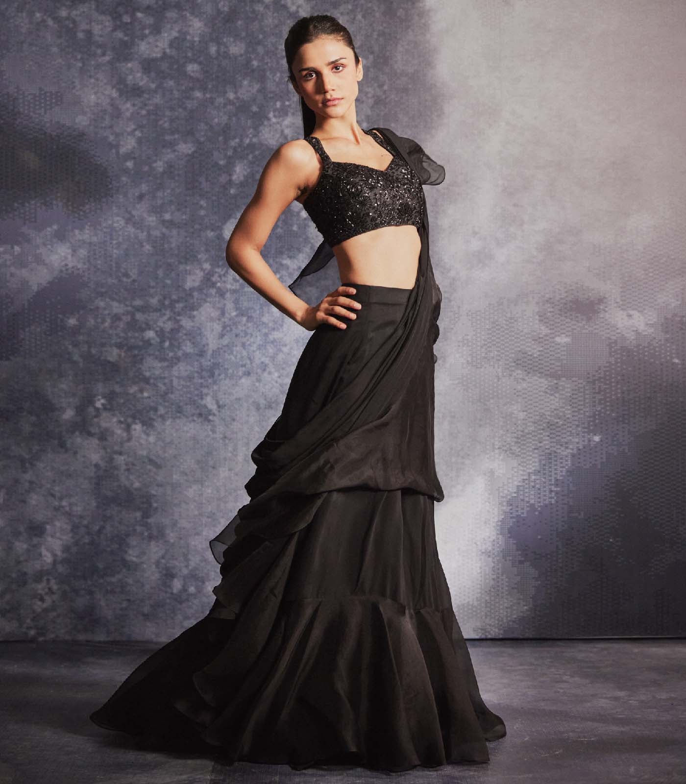Jade Black pre draped ruffled saree set