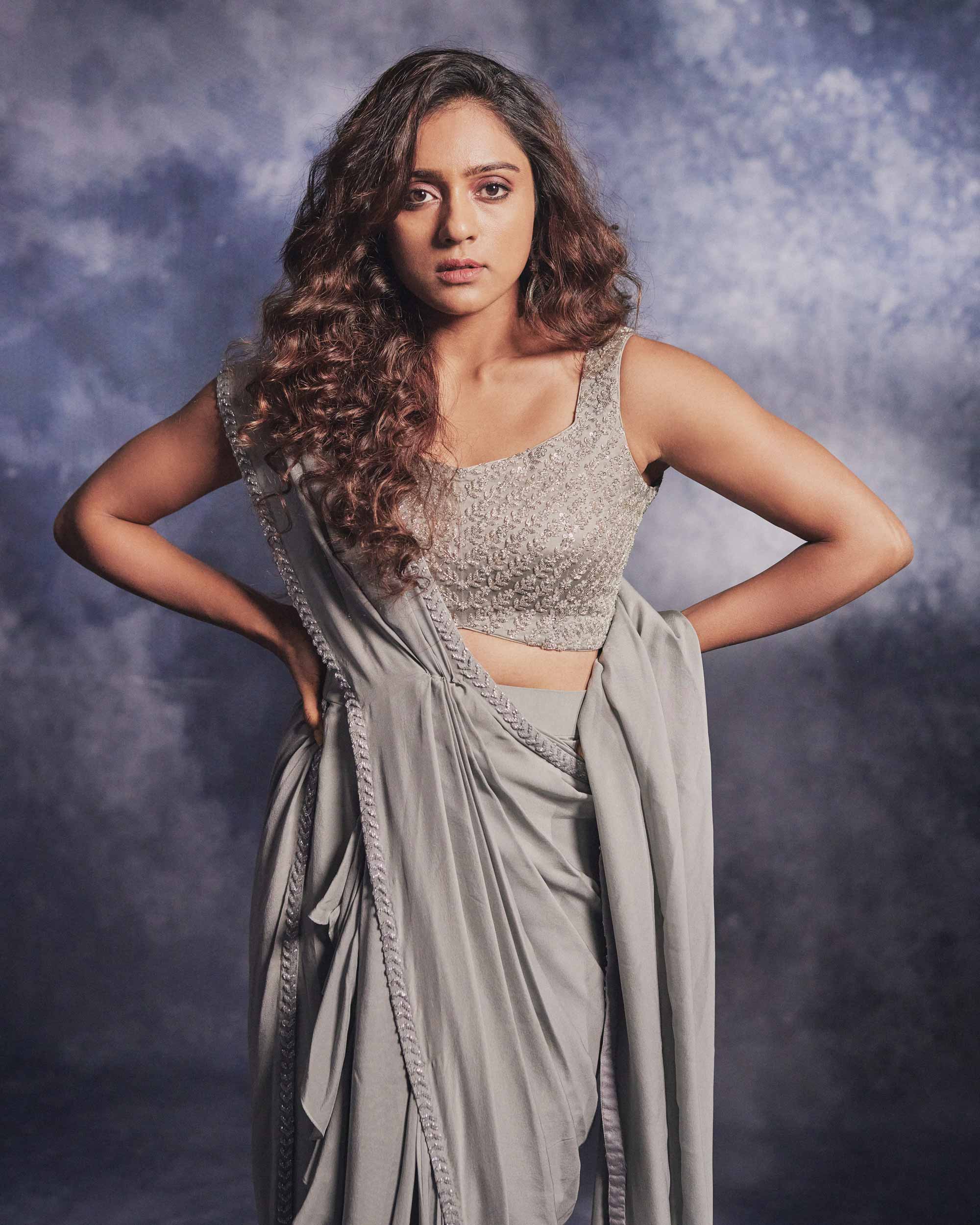 Smoke Grey Pre draped Saree set