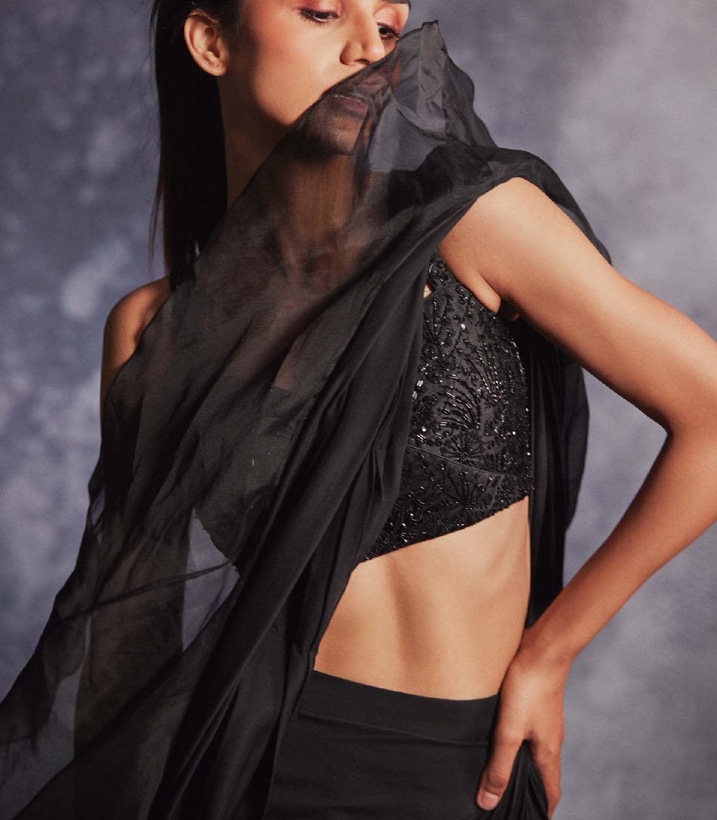 Jade Black pre draped ruffled saree set