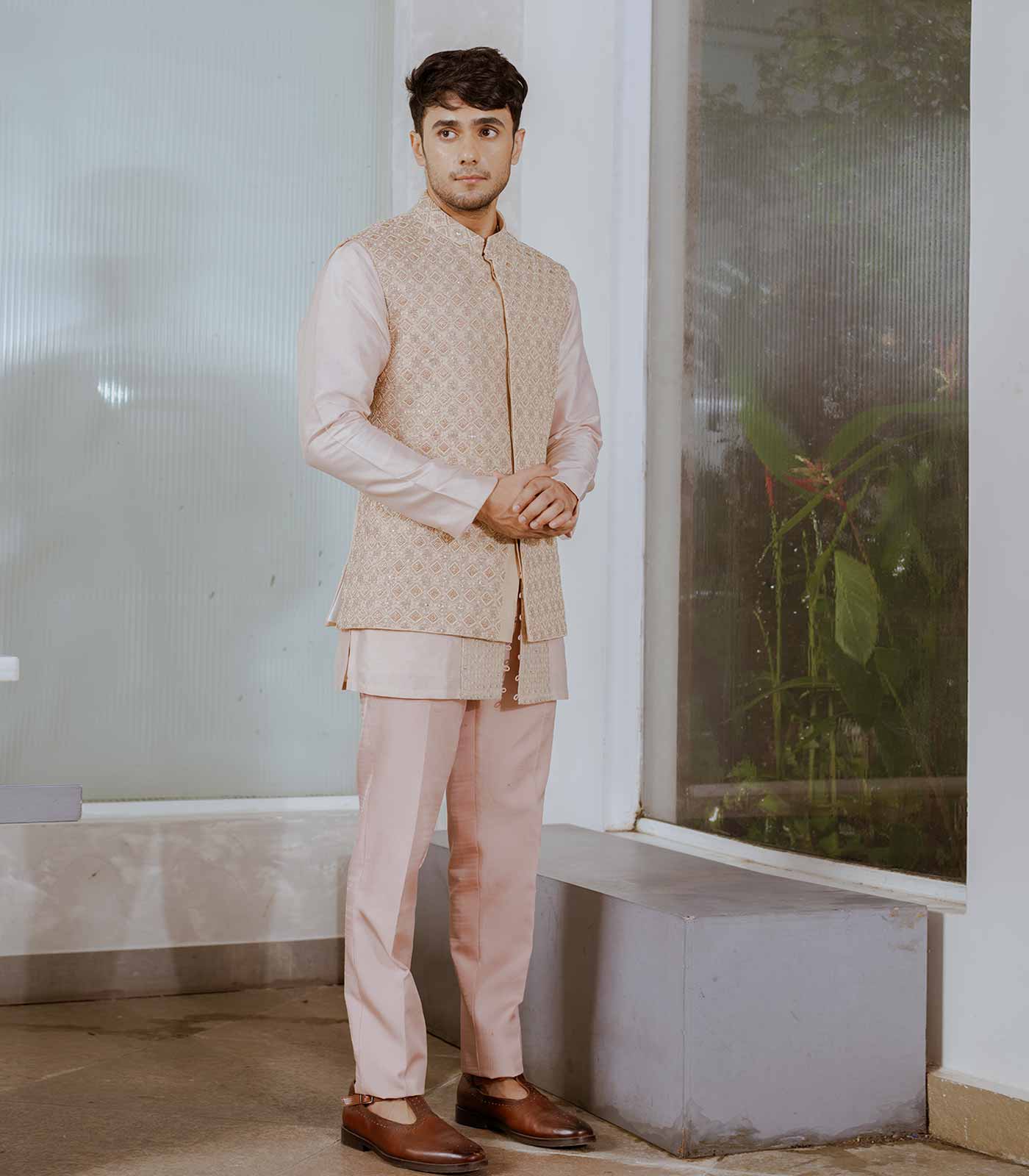 Sandalwood Embroidered Nehru Jacket Set
