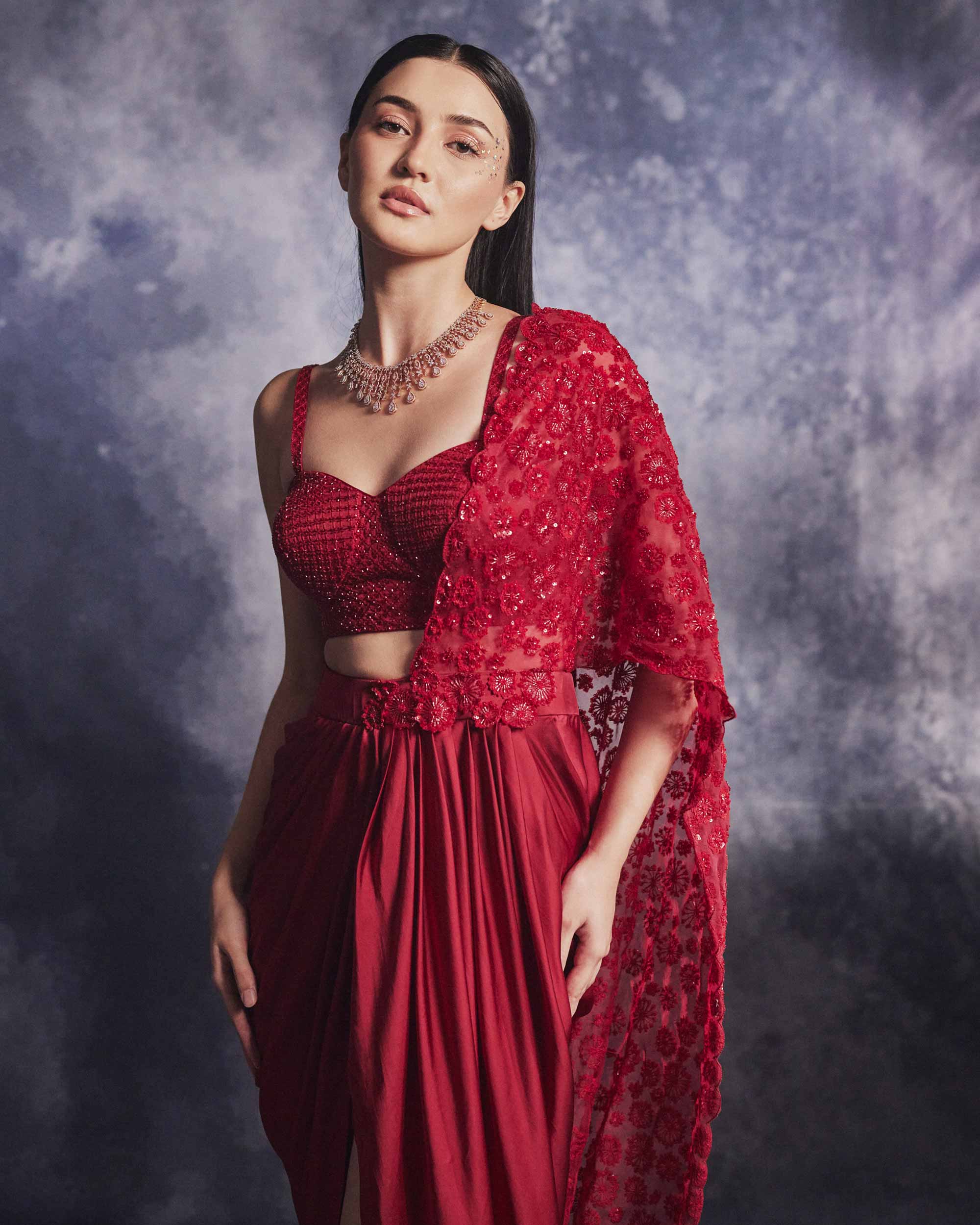 Scarlet red Draped Skirt set