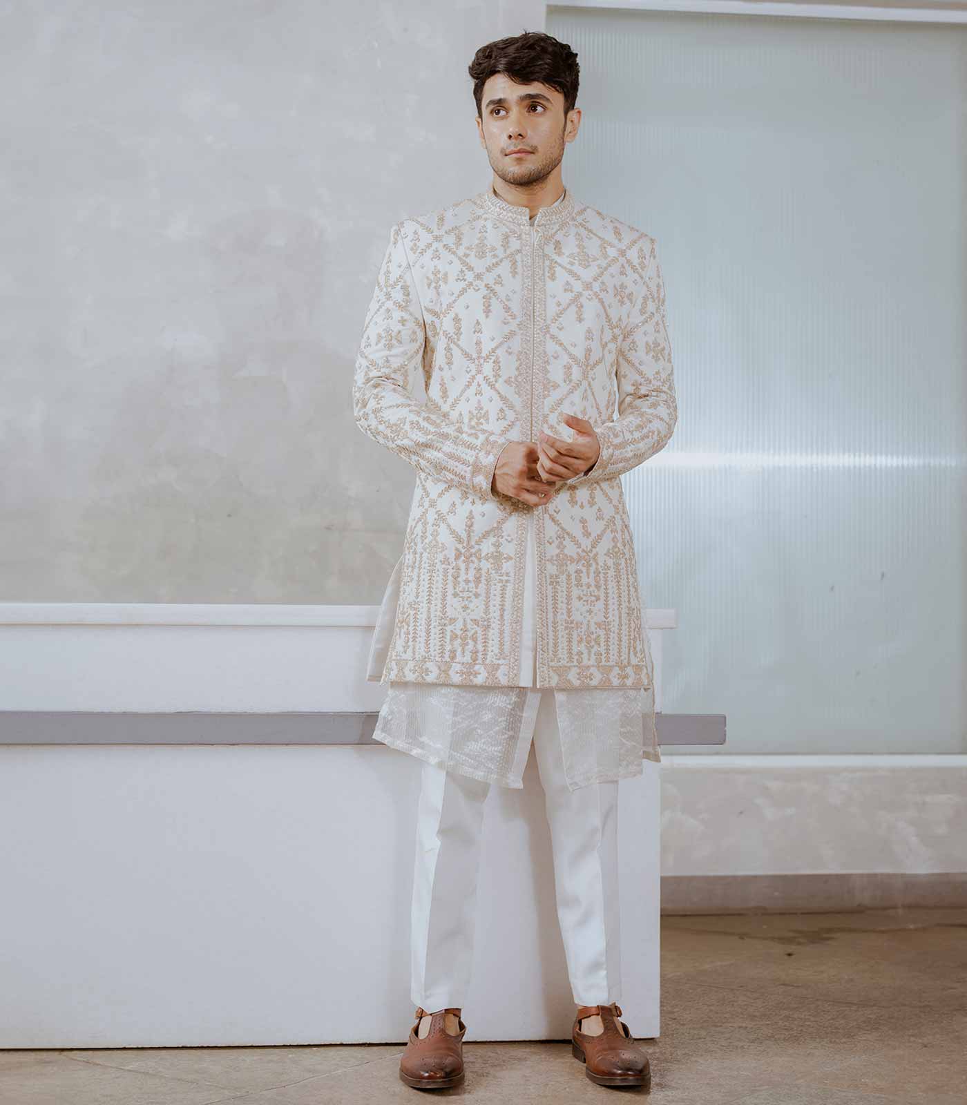 Pearl White Interlock Sherwani Set